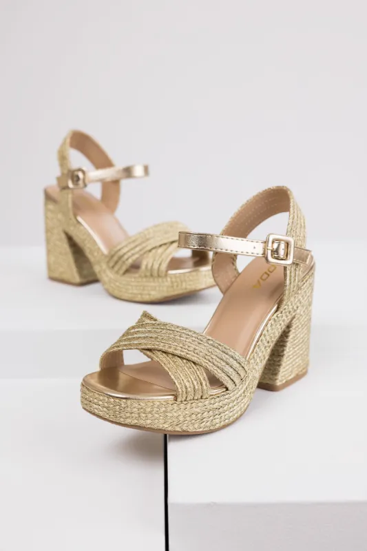 Gold Raffia Woven Open Toed Platform Heels sold by Lime Lush