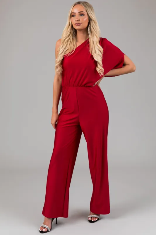 Ruby One Shoulder Elastic Waist Satin Jumpsuit sold by Lime Lush