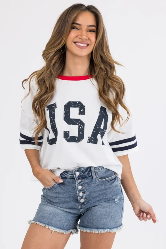 White USA Premium Baseball Ringer Top sold by Lime Lush