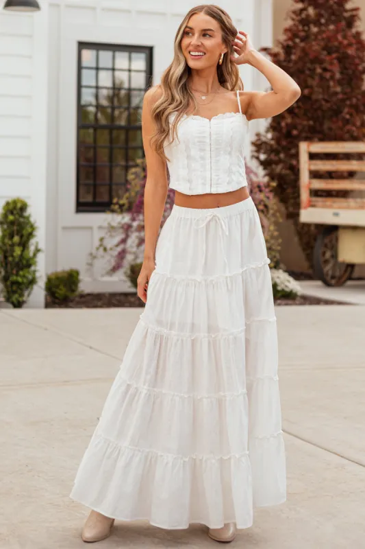 Ivory Tiered Frill Detail Drawstring Maxi Skirt sold by Lime Lush