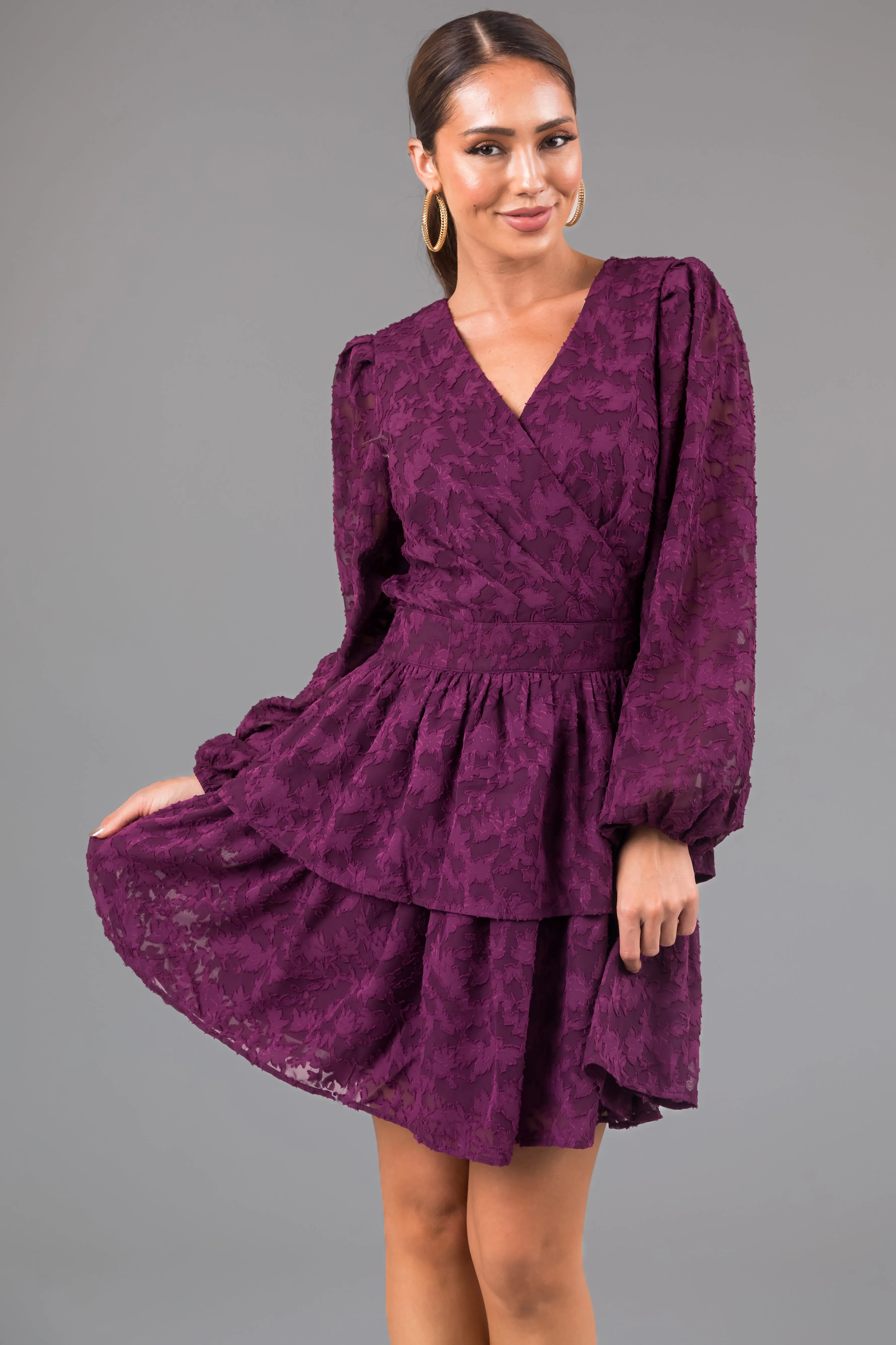 Plum Leaf Textured Long Sleeve Mini Dress sold by Lime Lush product image thumbnail 2