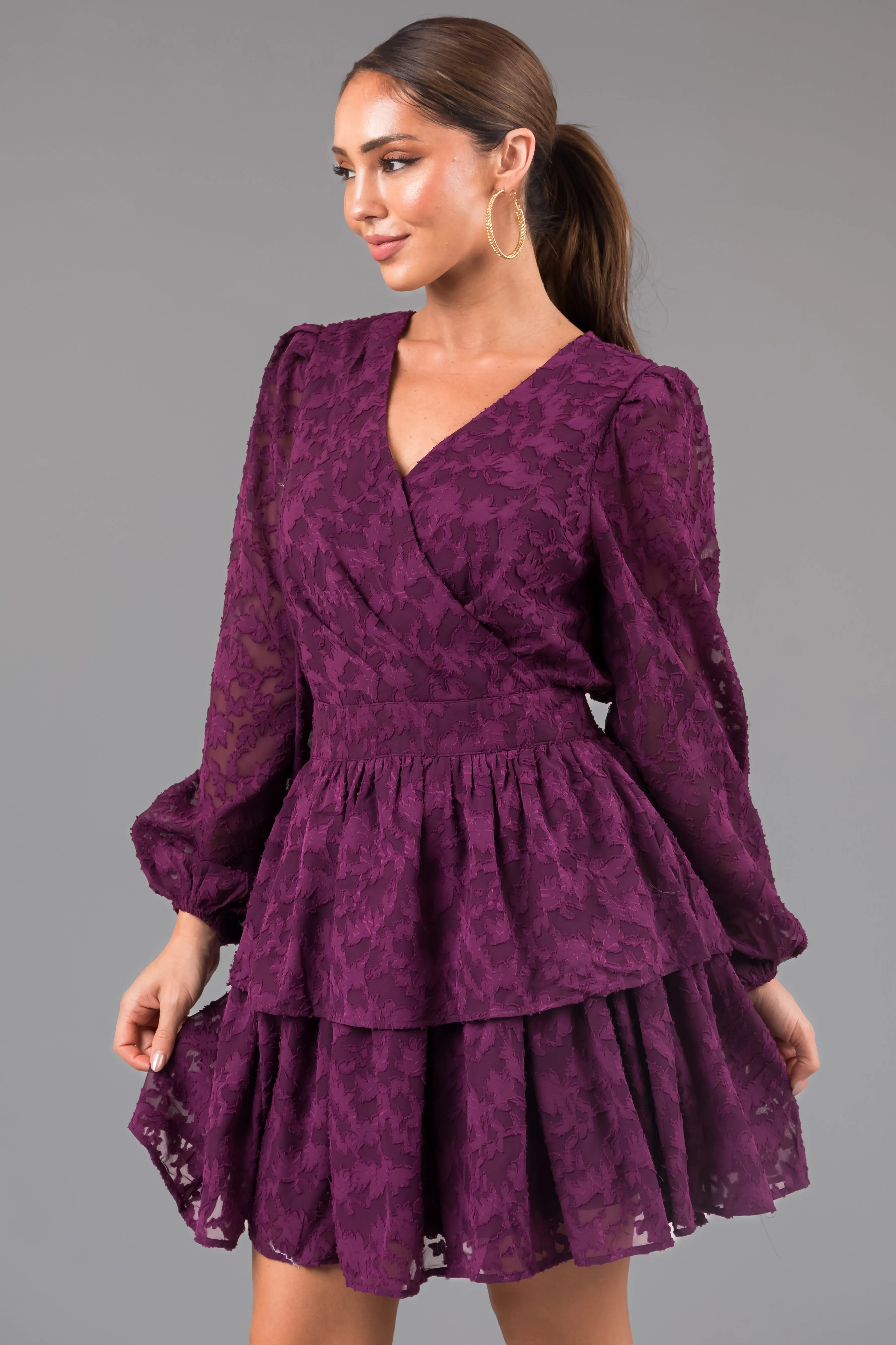 Plum Leaf Textured Long Sleeve Mini Dress sold by Lime Lush product image thumbnail 4