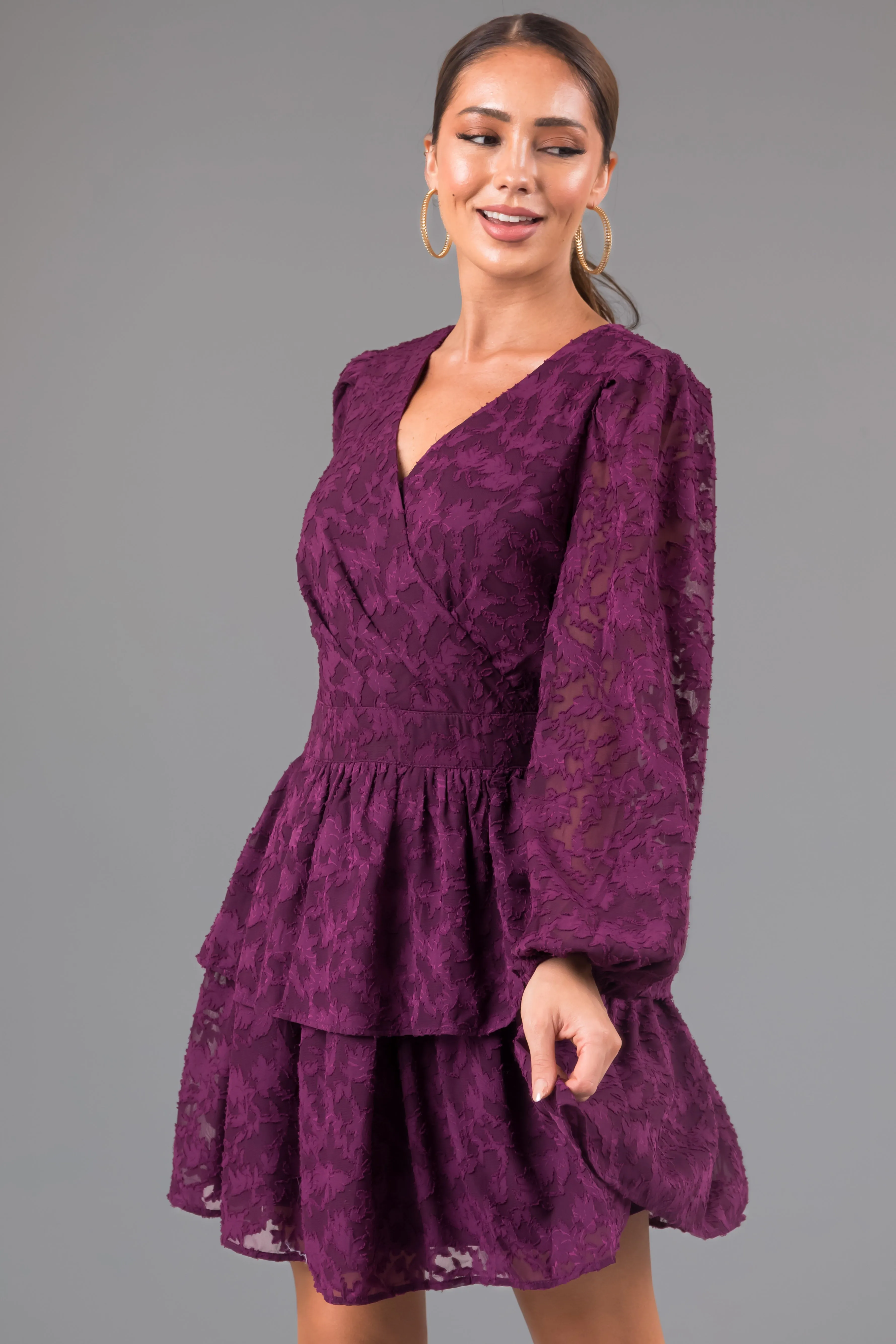 Plum Leaf Textured Long Sleeve Mini Dress sold by Lime Lush product image thumbnail 5