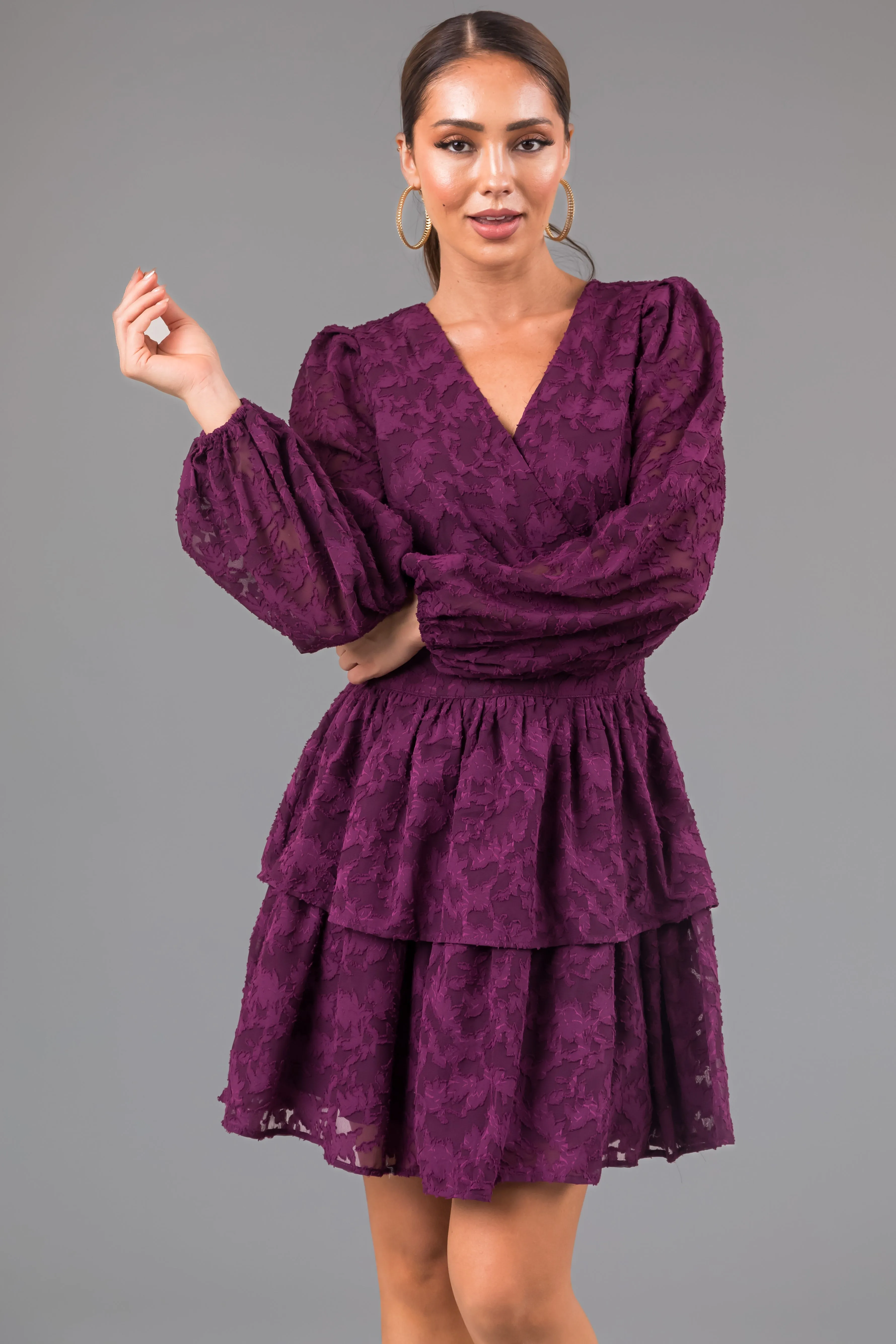 Plum Leaf Textured Long Sleeve Mini Dress sold by Lime Lush