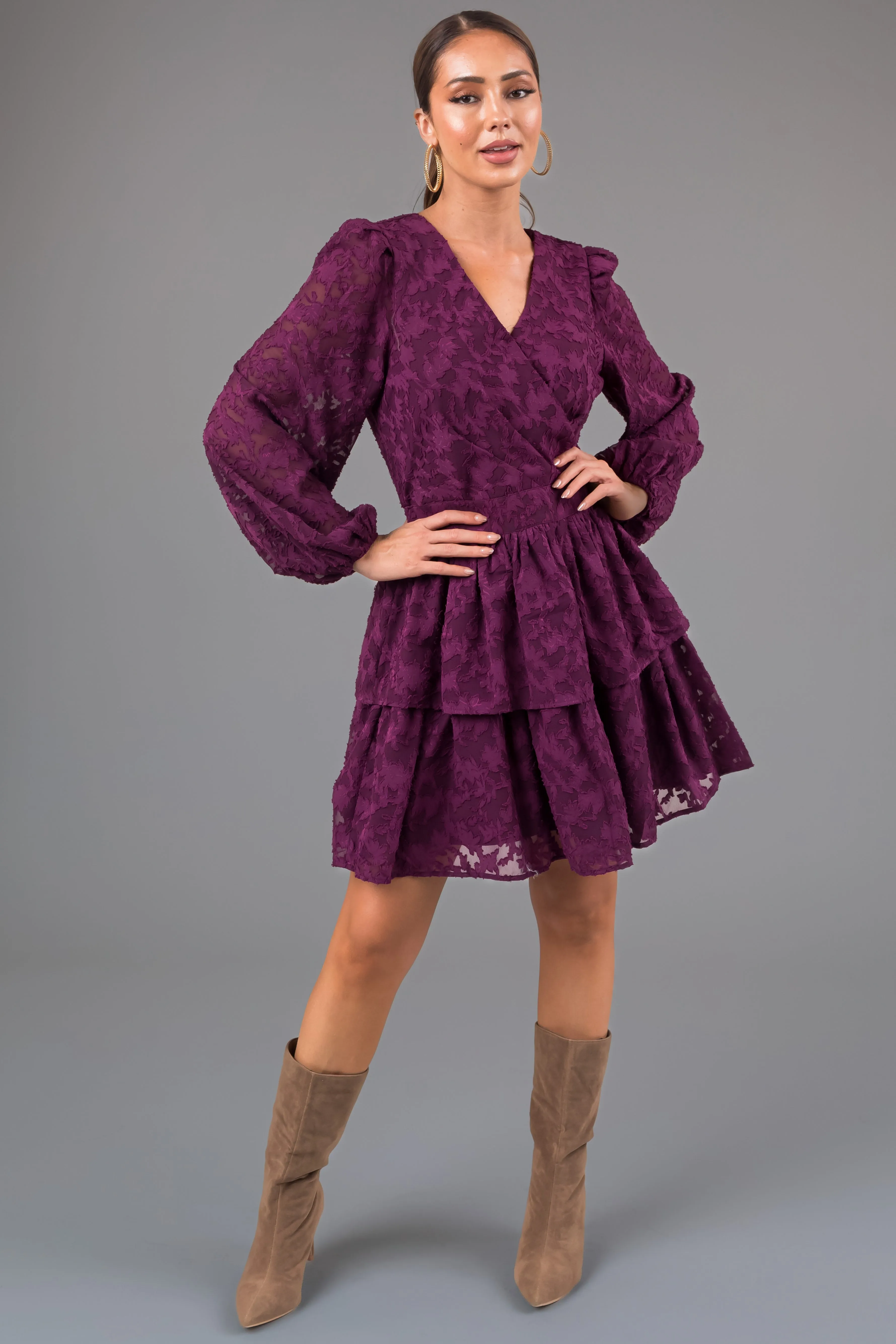 Plum Leaf Textured Long Sleeve Mini Dress sold by Lime Lush product image thumbnail 3