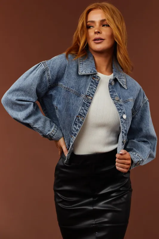 Medium Washed Denim Cropped Bomber Jacket sold by Lime Lush