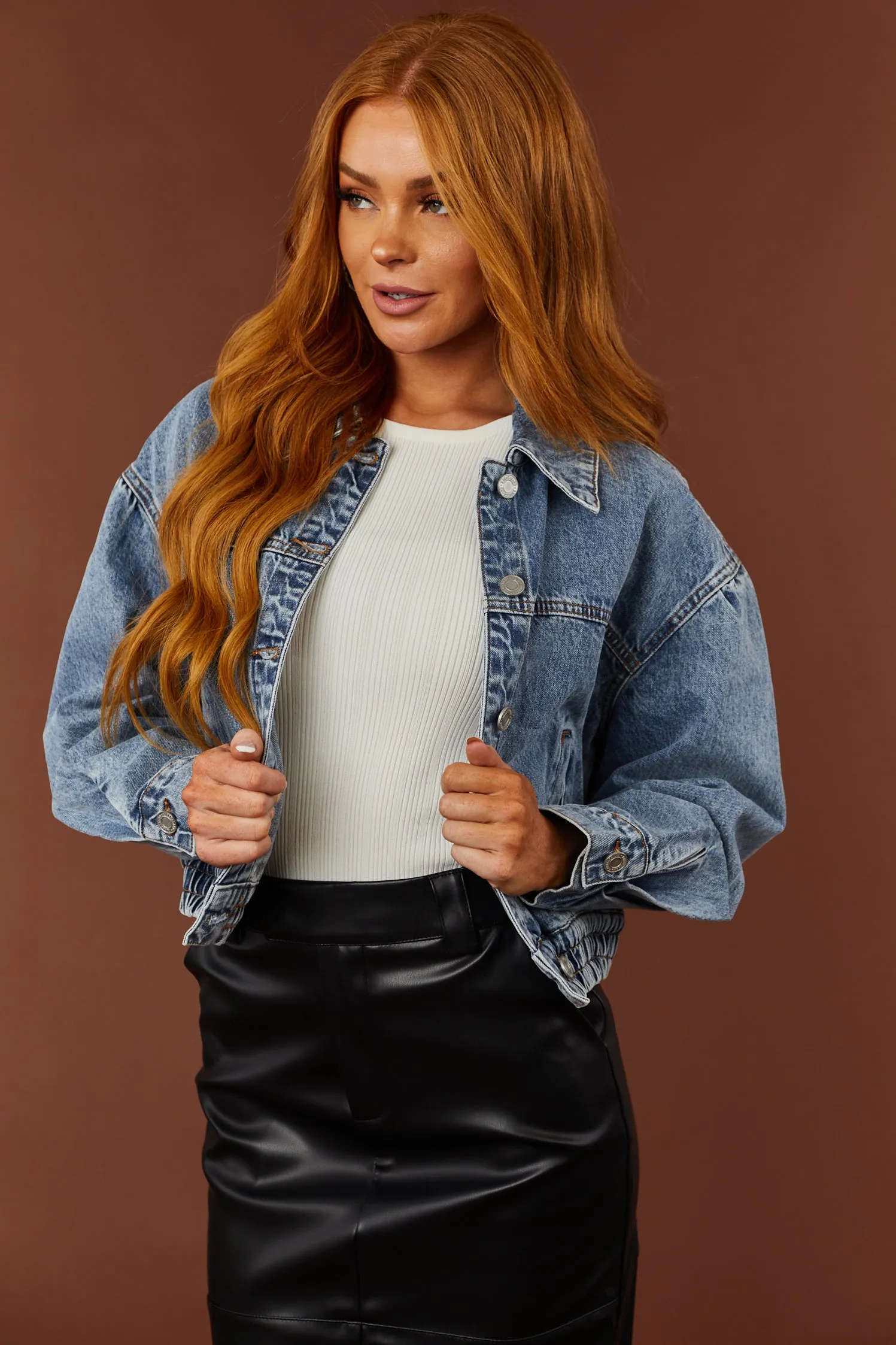 Medium Washed Denim Cropped Bomber Jacket sold by Lime Lush product image thumbnail 2