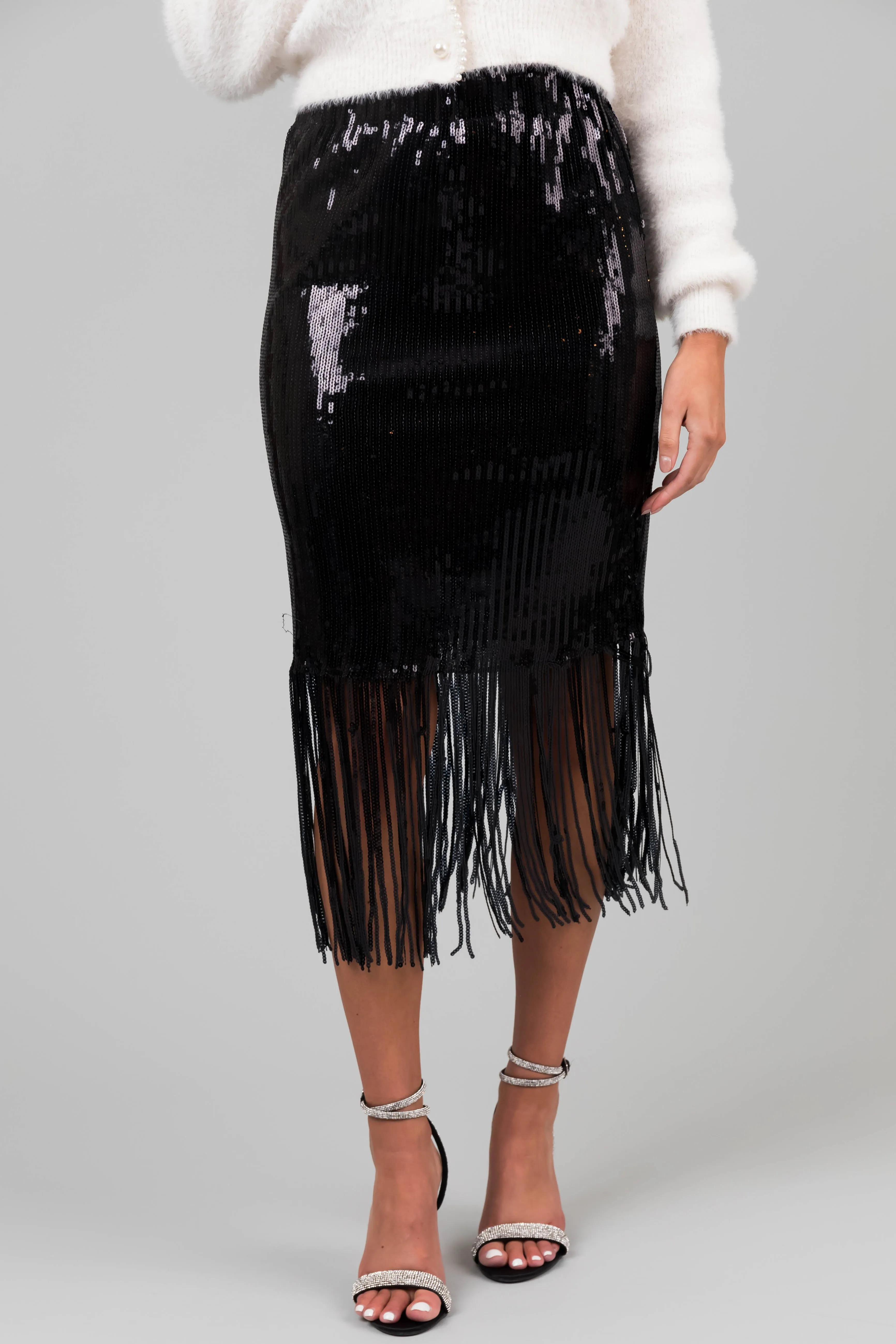 Black Sequin Fringe Hemline Midi Skirt sold by Lime Lush product image thumbnail 2