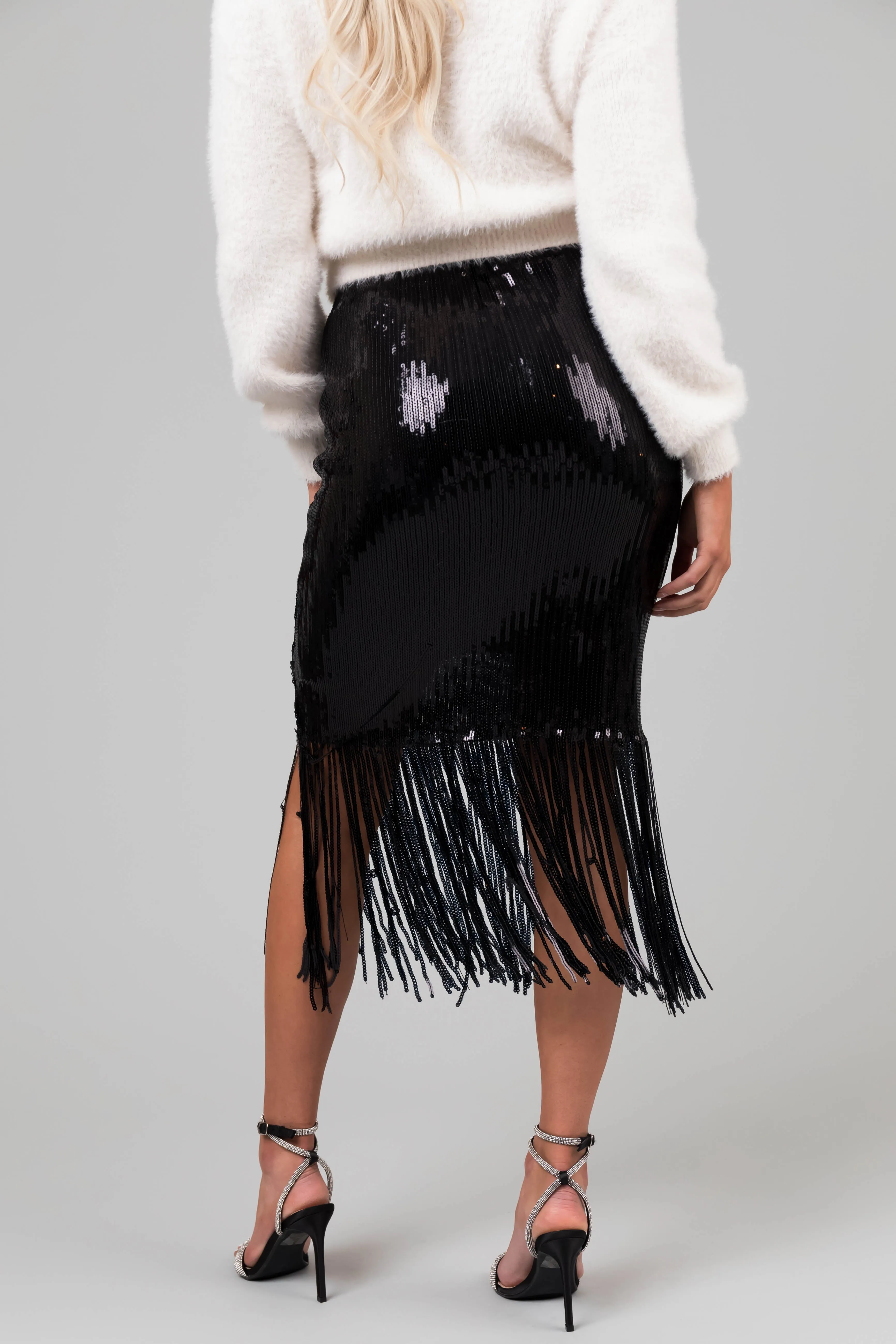 Black Sequin Fringe Hemline Midi Skirt sold by Lime Lush product image thumbnail 4