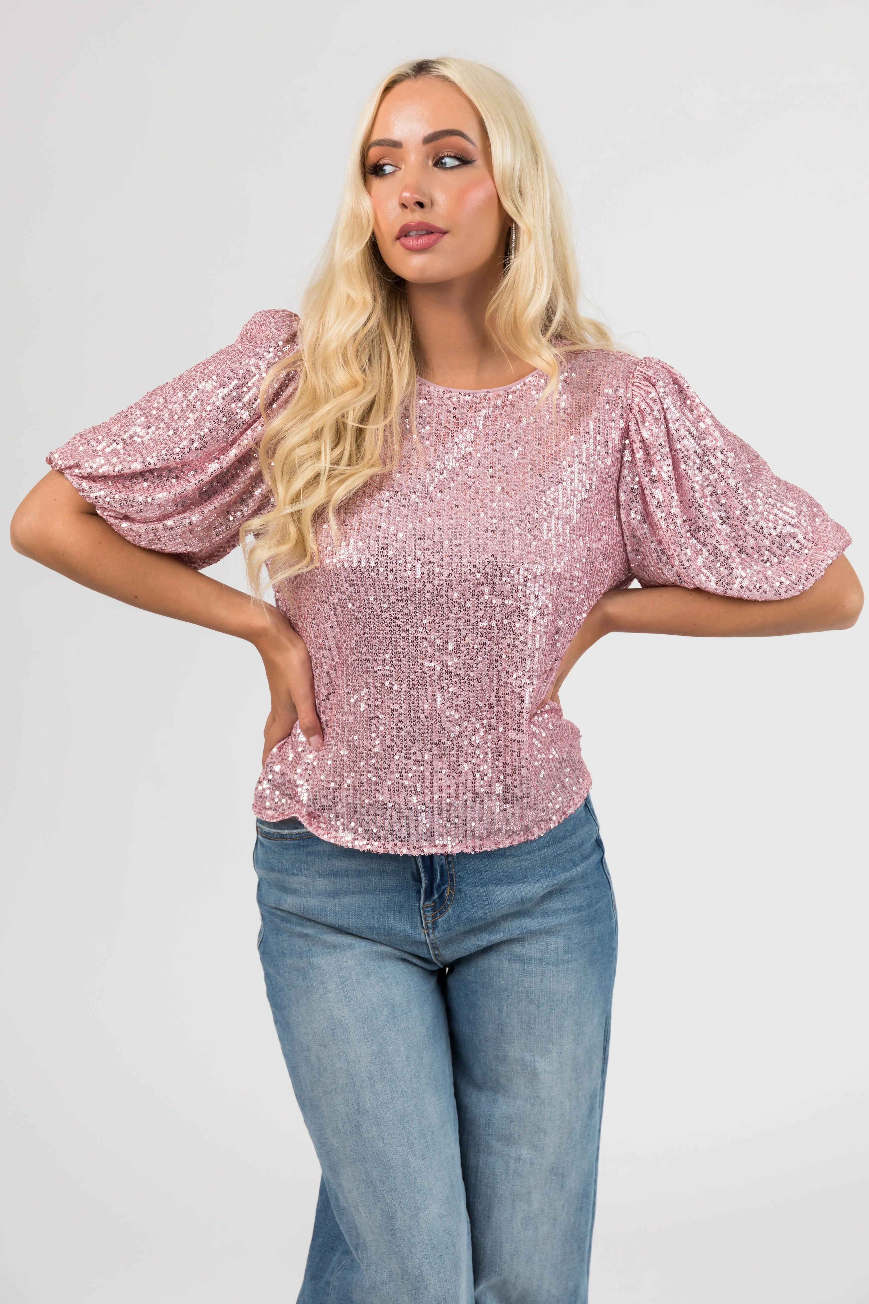 She+Sky Mauve Sequined Half Puff Sleeve Top sold by Lime Lush product image thumbnail 3