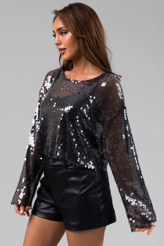 Charcoal Sequin Long Sleeve Sheer Cropped Top sold by Lime Lush