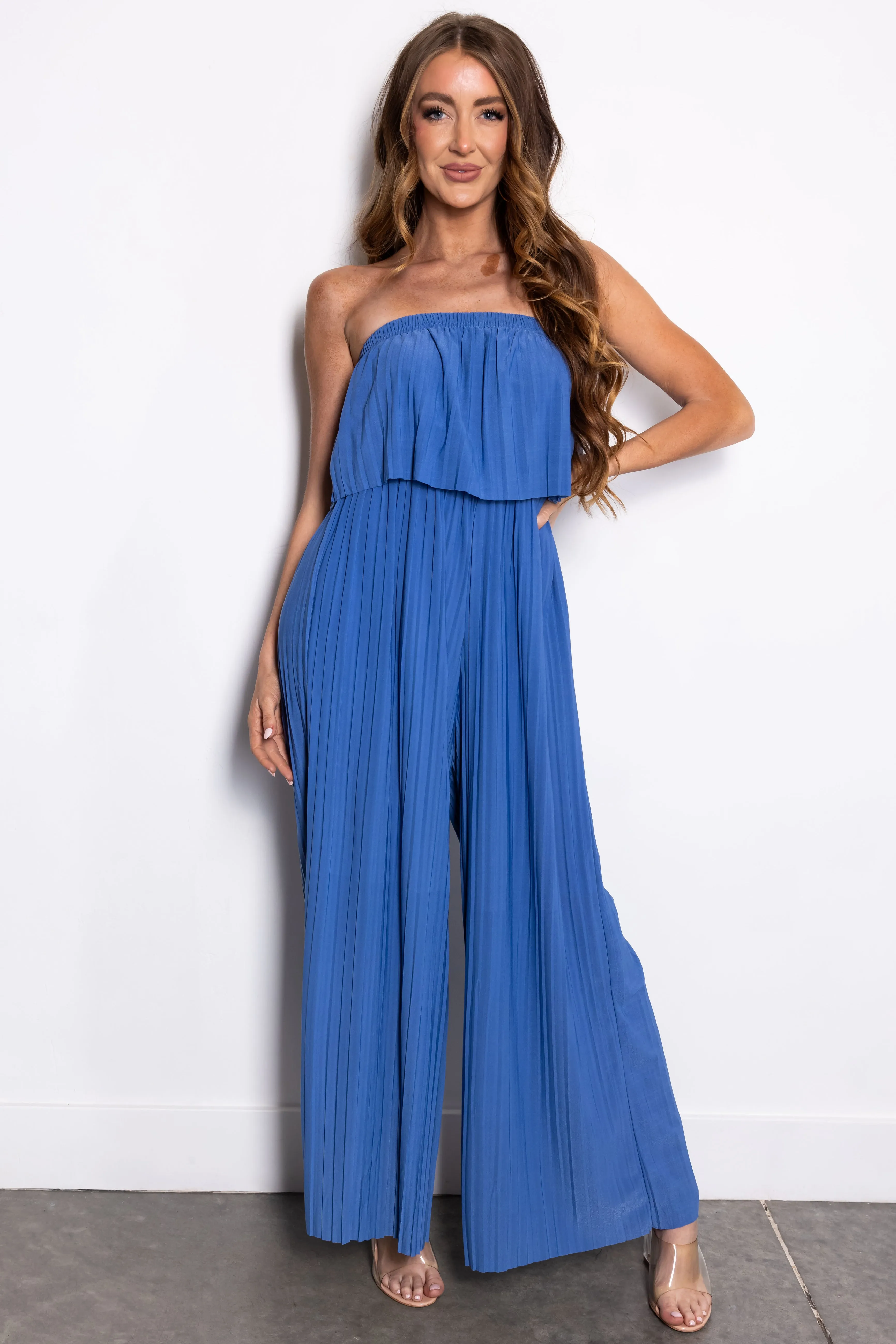 Dusty Blue Strapless Pleated Wide Leg Jumpsuit sold by Lime Lush