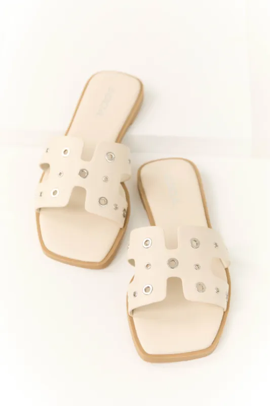Almond Eyelet Detail Slip On Flat Sandals sold by Lime Lush