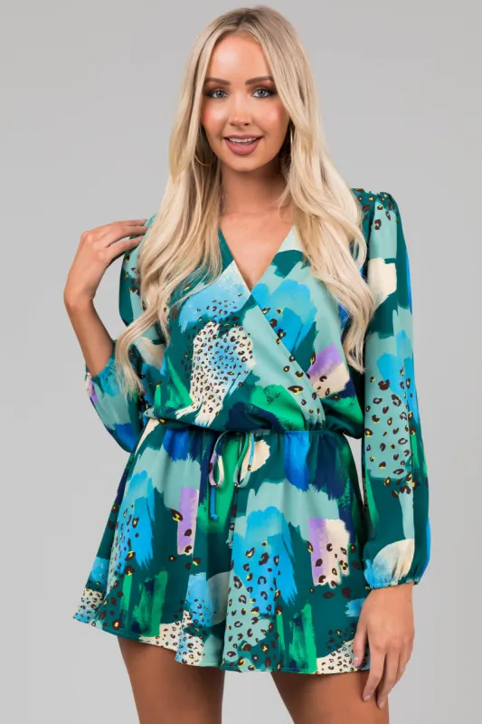Teal Multicolor Abstract Surplice Flare Romper sold by Lime Lush