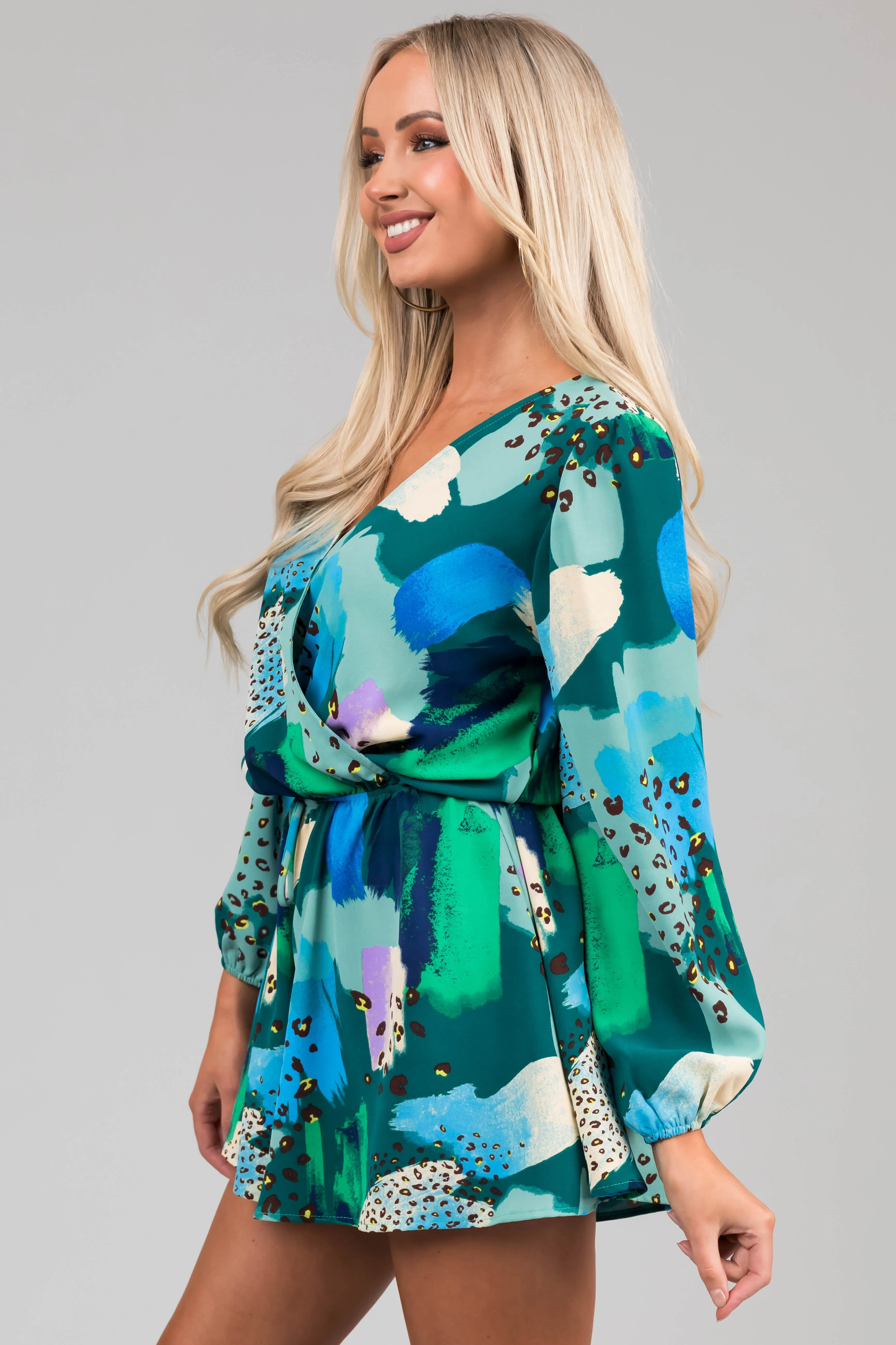 Teal Multicolor Abstract Surplice Flare Romper sold by Lime Lush product image thumbnail 5