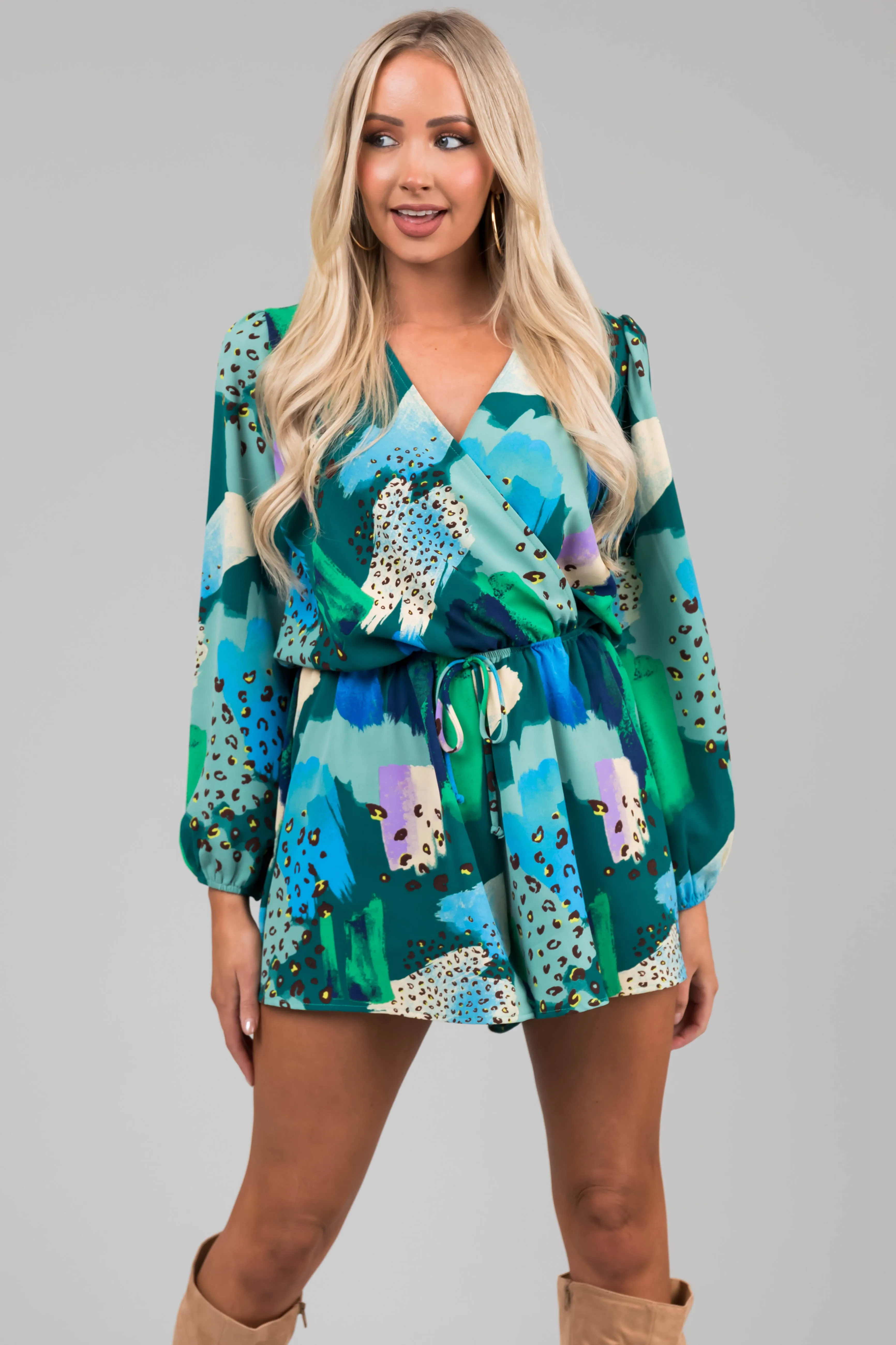 Teal Multicolor Abstract Surplice Flare Romper sold by Lime Lush product image thumbnail 2