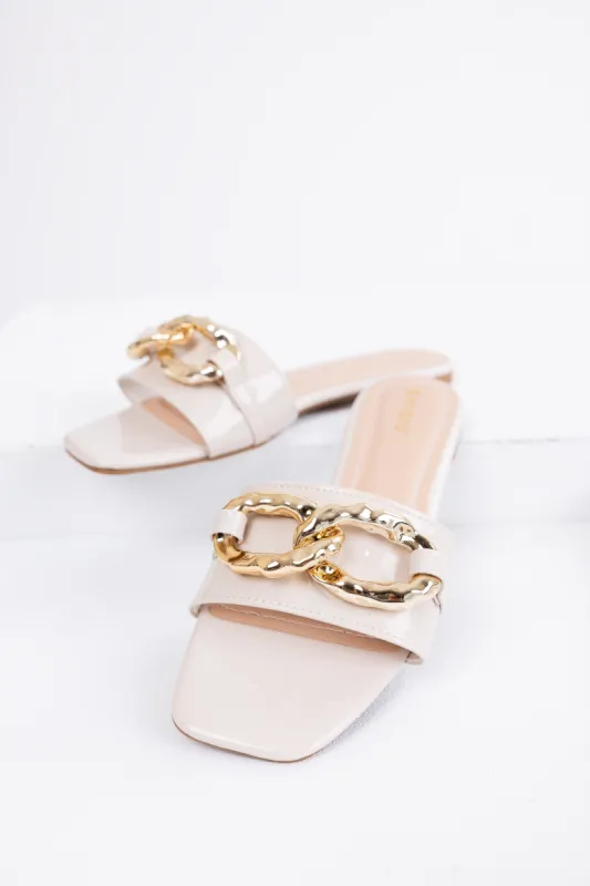 Vanilla Patent Leather Link Chain Flat Sandals sold by Lime Lush