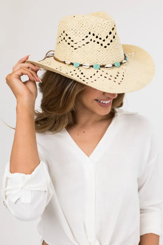 Ivory Shell and Stone Strap Straw Hat sold by Lime Lush