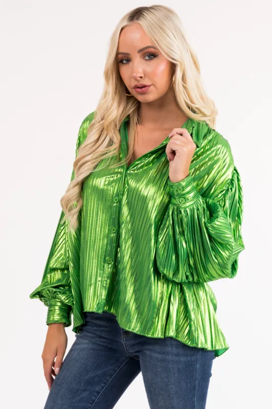 Flying Tomato Lime Metallic Pleated Button Down Top sold by Lime Lush