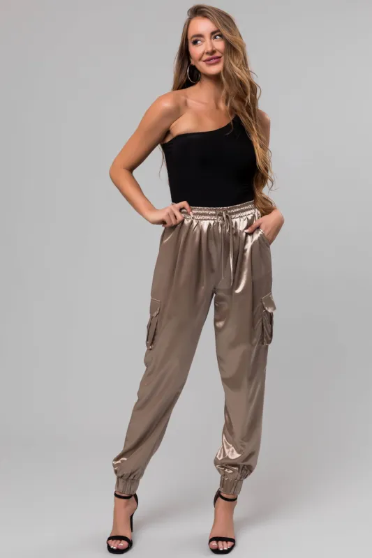 Taupe Shiny Metallic Smocked Waist Joggers sold by Lime Lush