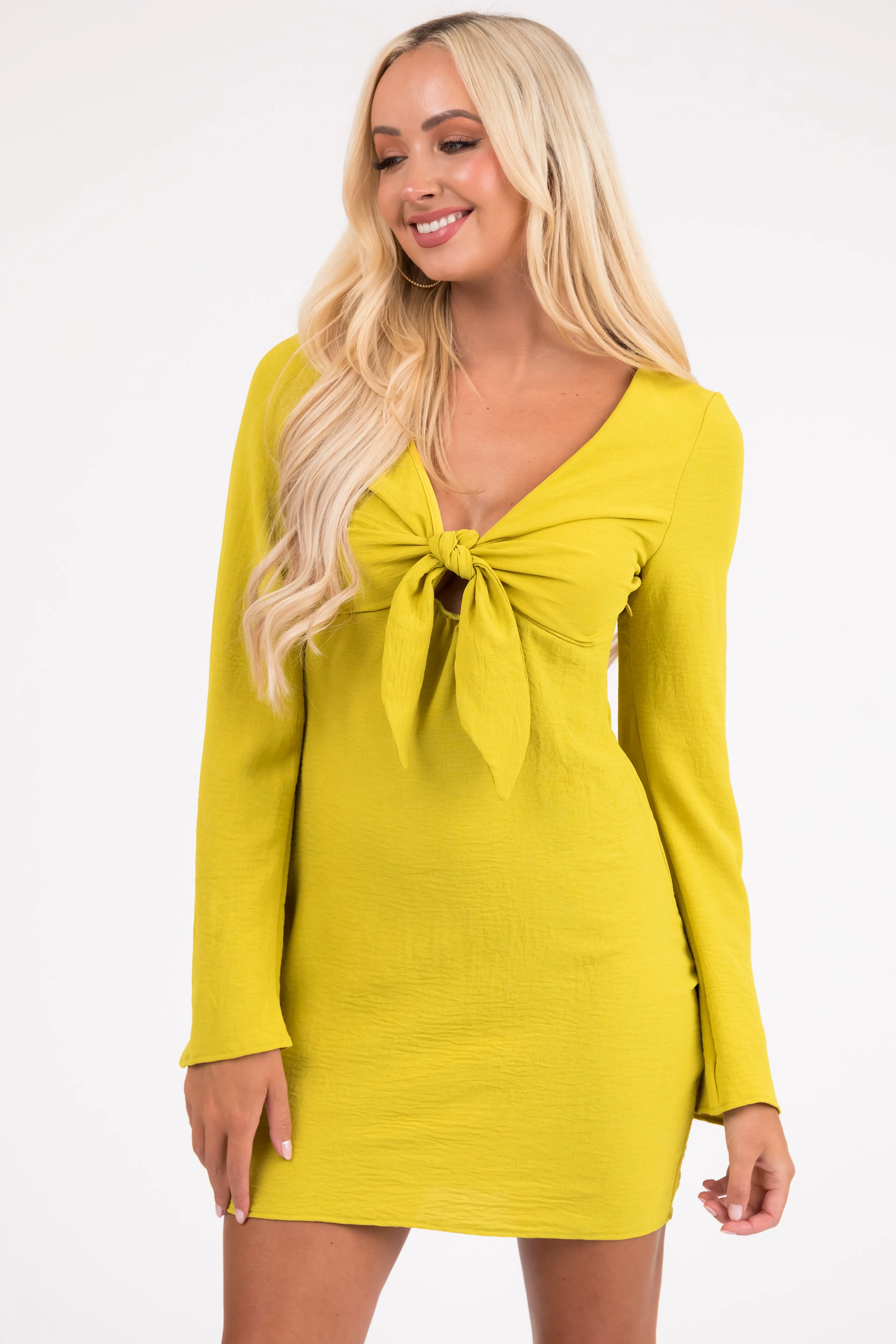 Lemon Lime Long Flare Sleeve Front Tie Mini Dress sold by Lime Lush