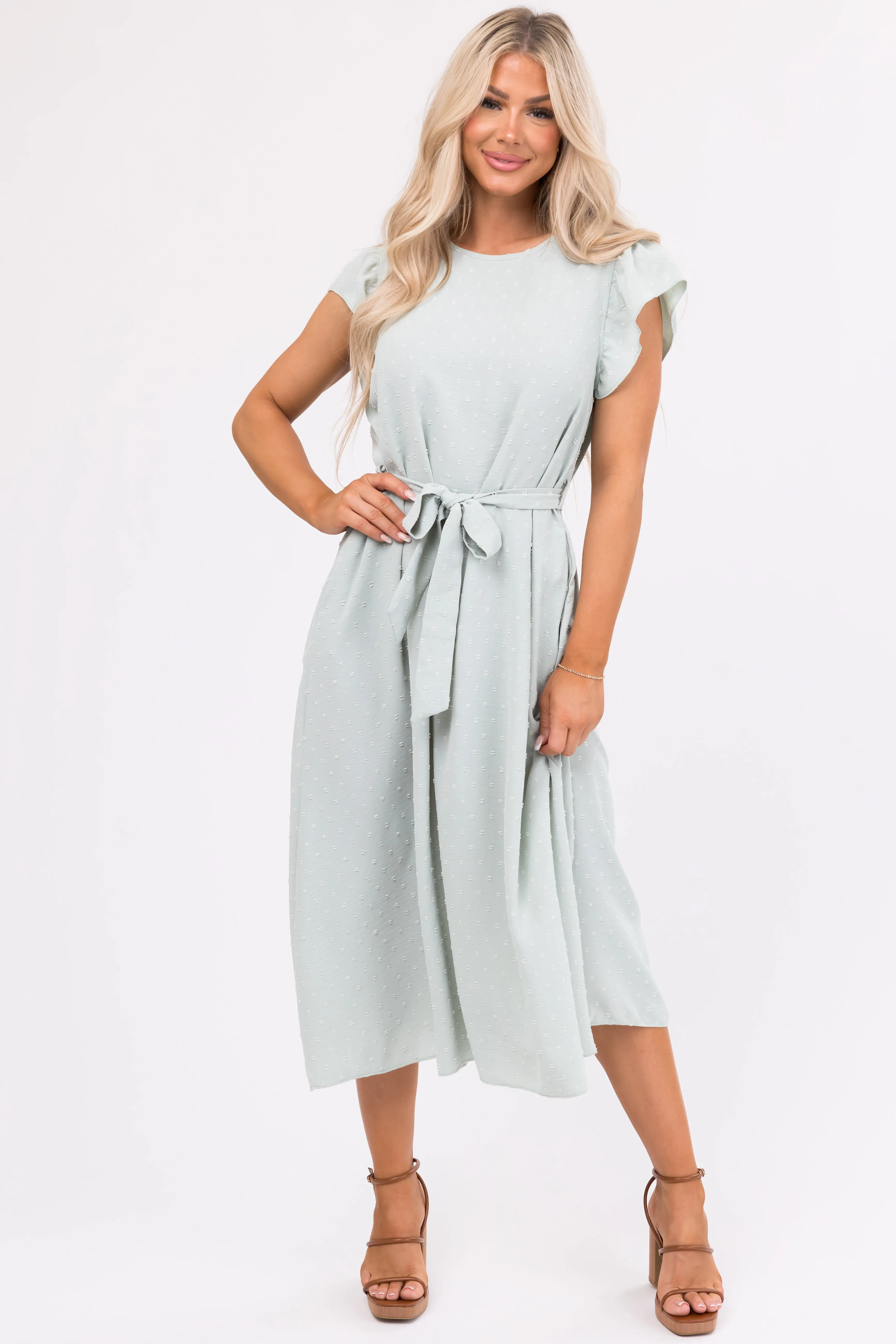 Mint Swiss Dot Short Ruffle Sleeve Midi Dress sold by Lime Lush product image thumbnail 2