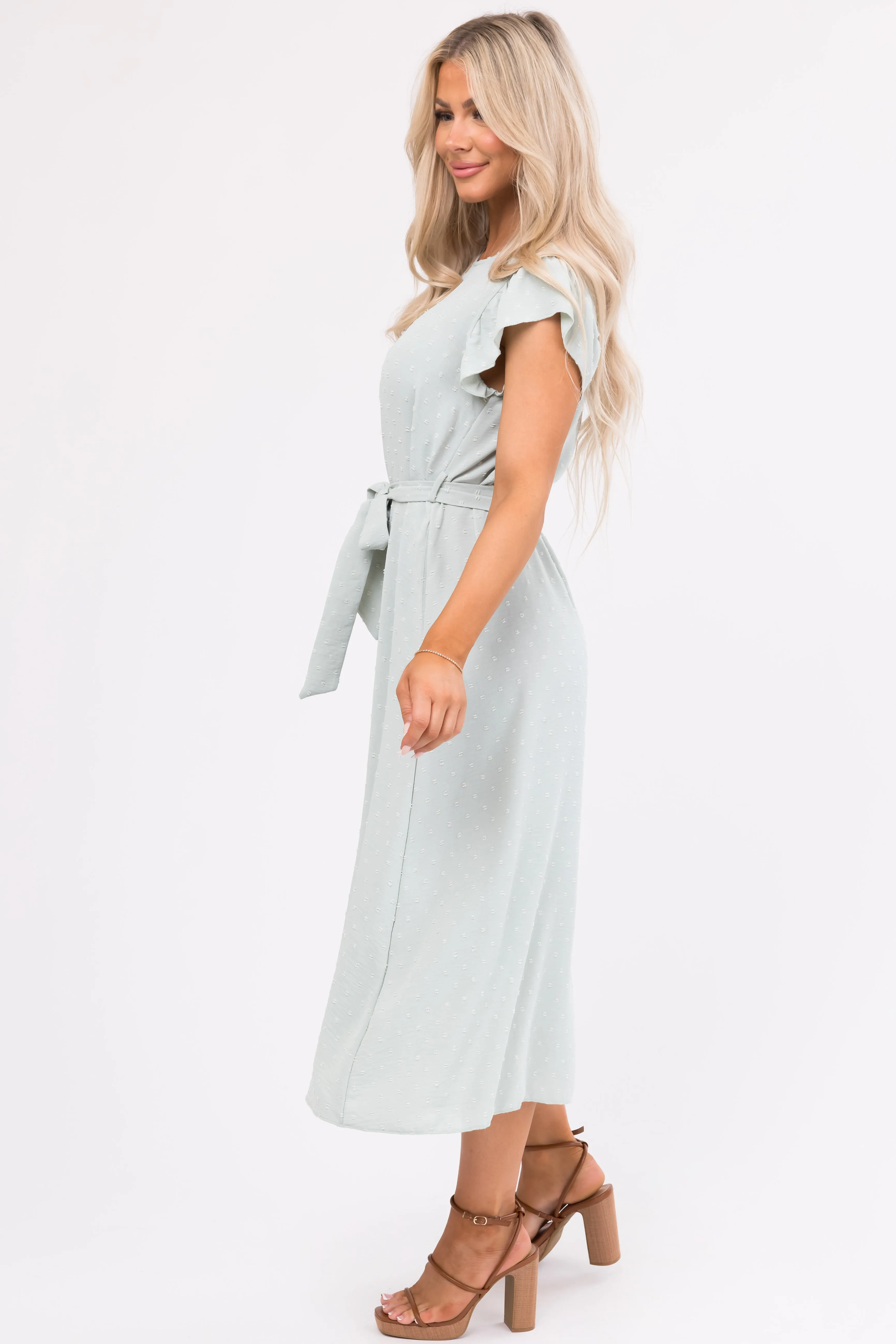 Mint Swiss Dot Short Ruffle Sleeve Midi Dress sold by Lime Lush product image thumbnail 4