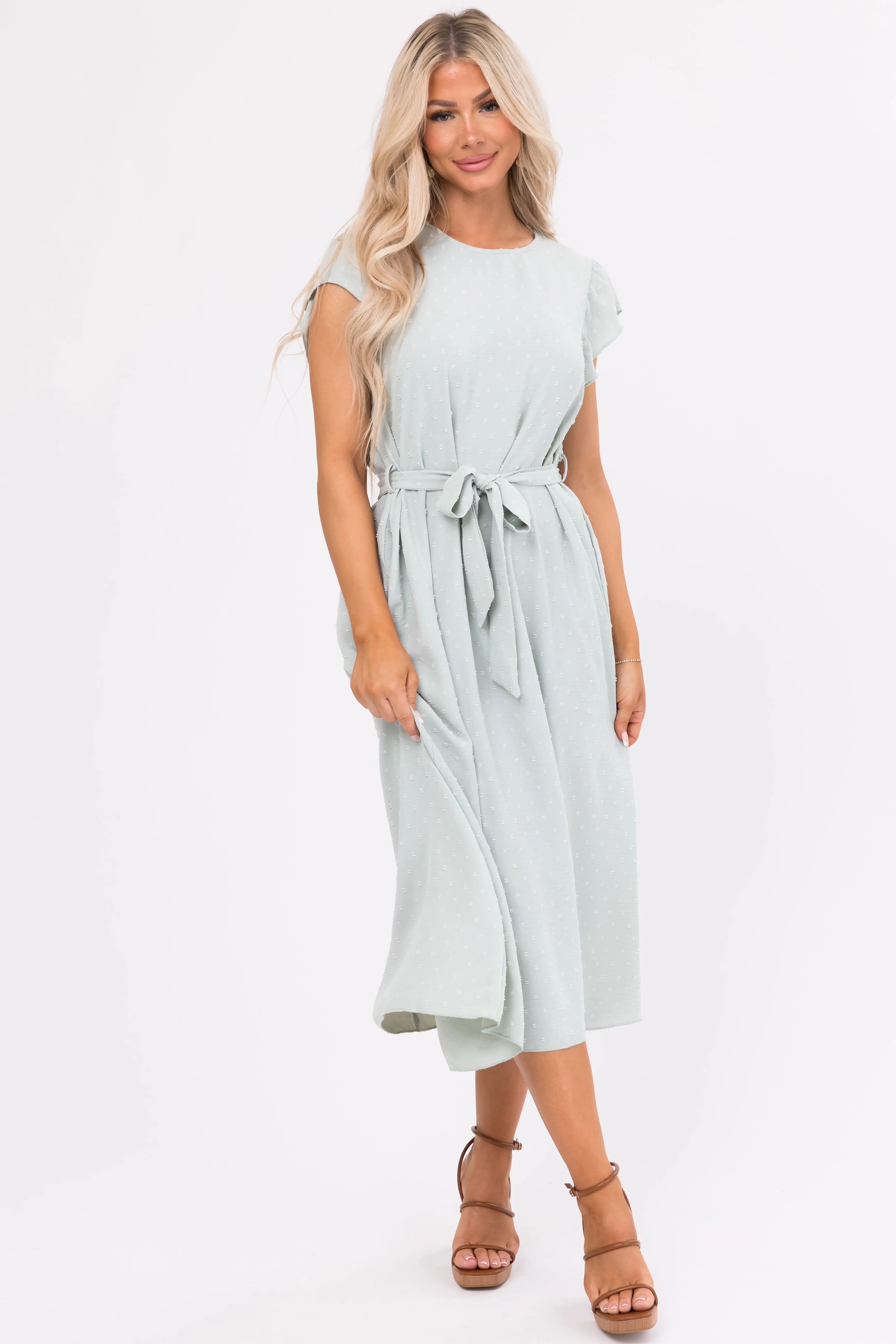 Mint Swiss Dot Short Ruffle Sleeve Midi Dress sold by Lime Lush product image thumbnail 3