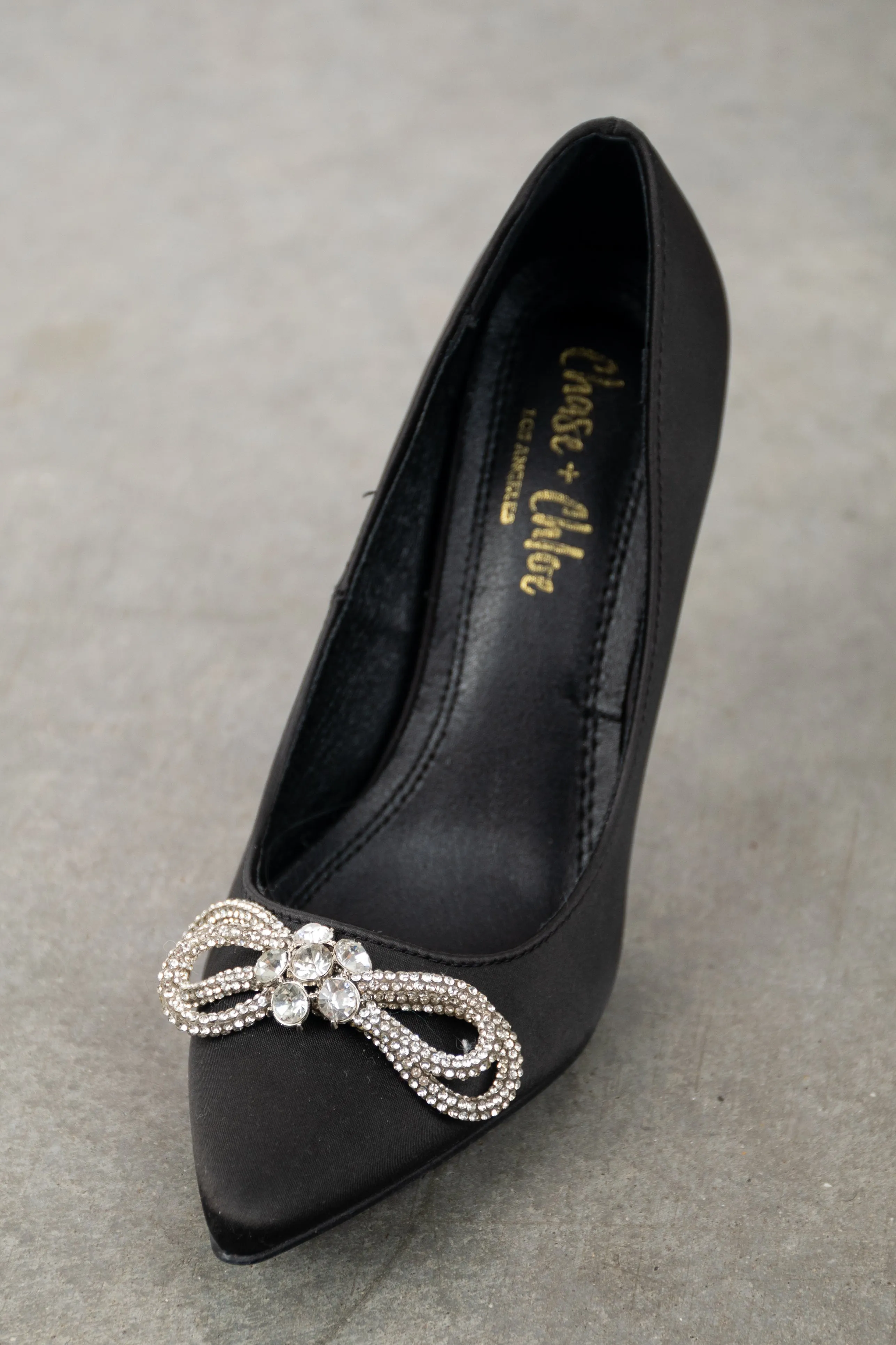 Black Faux Suede Rhinestone Bow Stiletto Heels sold by Lime Lush product image thumbnail 4