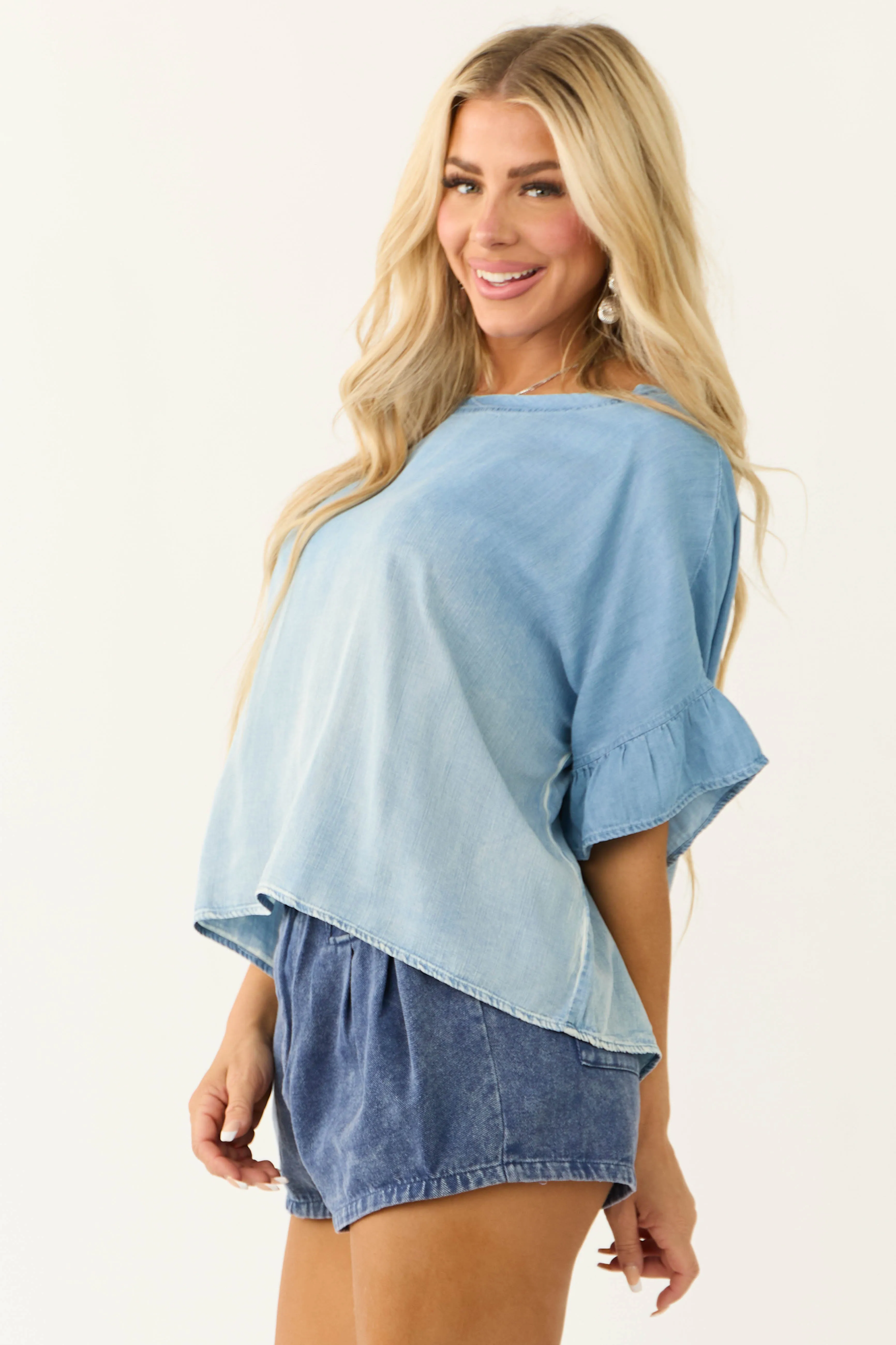 Powder Blue Washed Chambray Half Sleeve Top sold by Lime Lush product image thumbnail 5