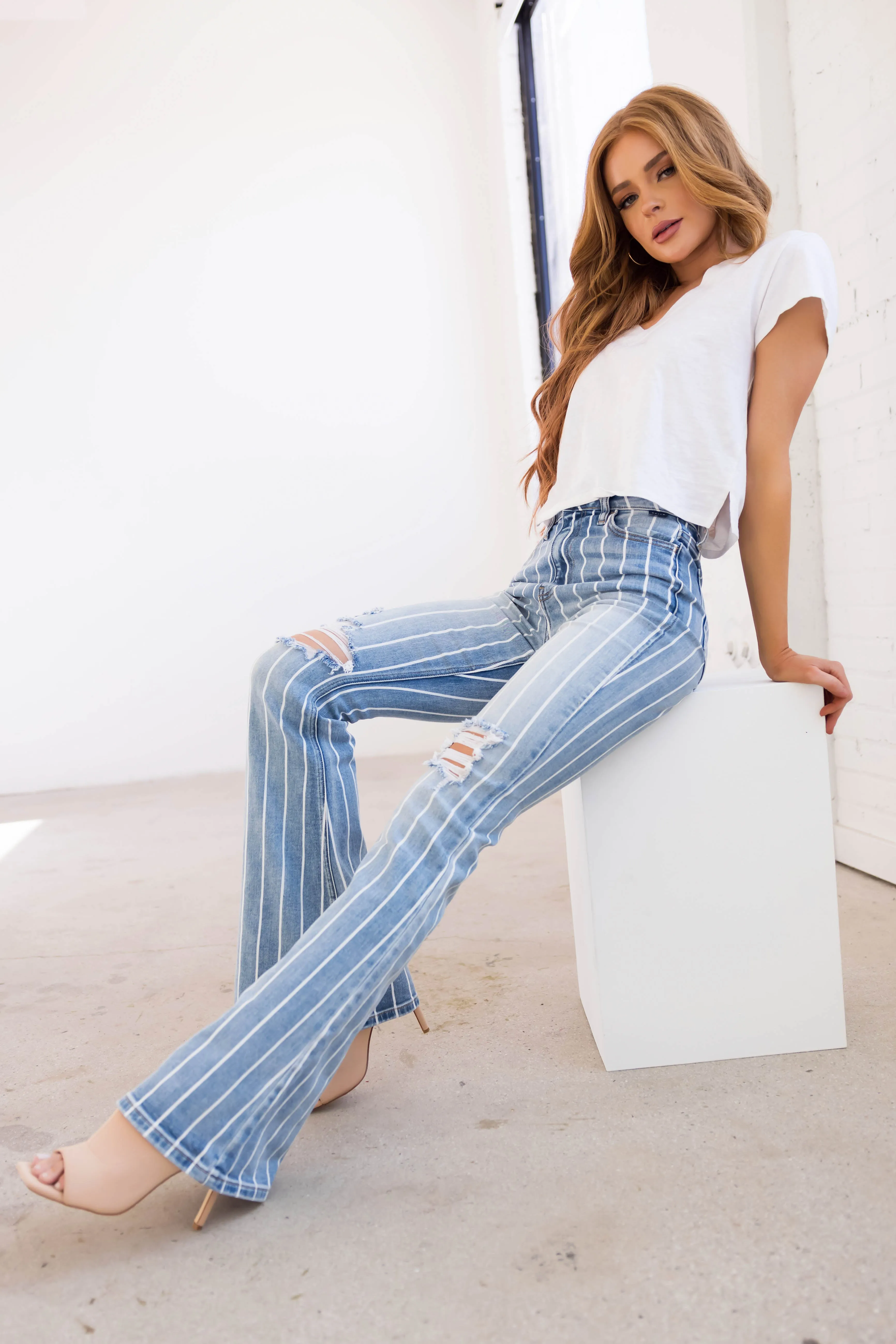 Cello Light Wash Striped High Rise Flare Jeans sold by Lime Lush