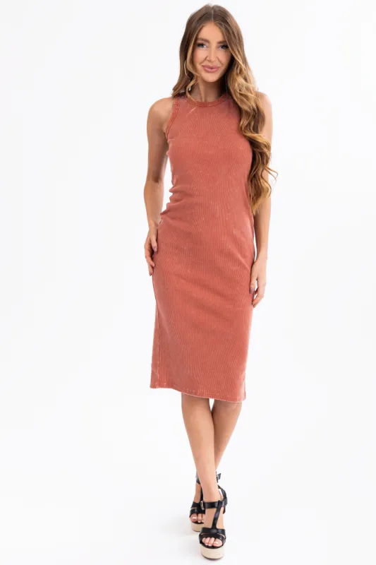 Rust Washed Ribbed Knit Midi Tank Dress sold by Lime Lush