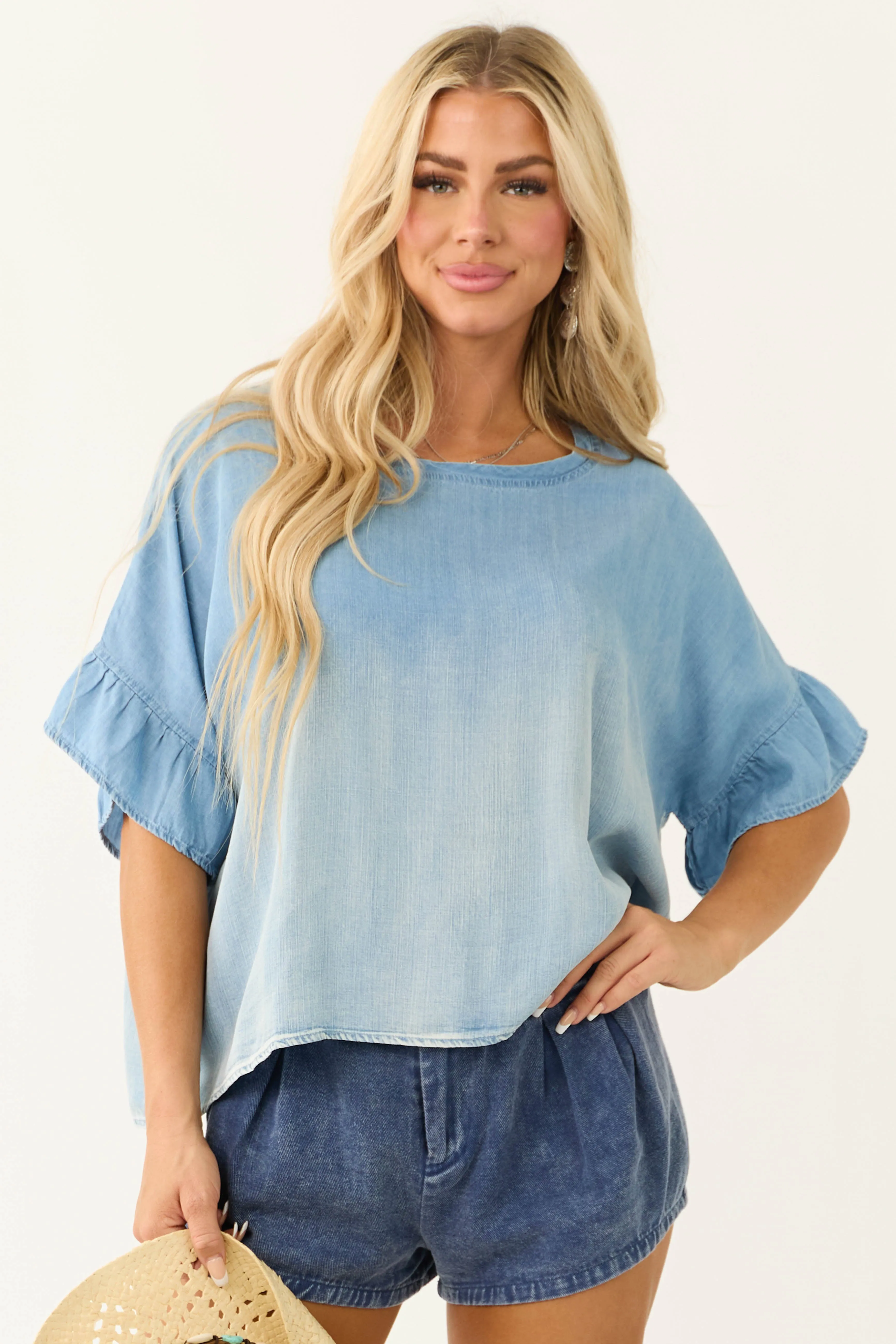 Powder Blue Washed Chambray Half Sleeve Top sold by Lime Lush