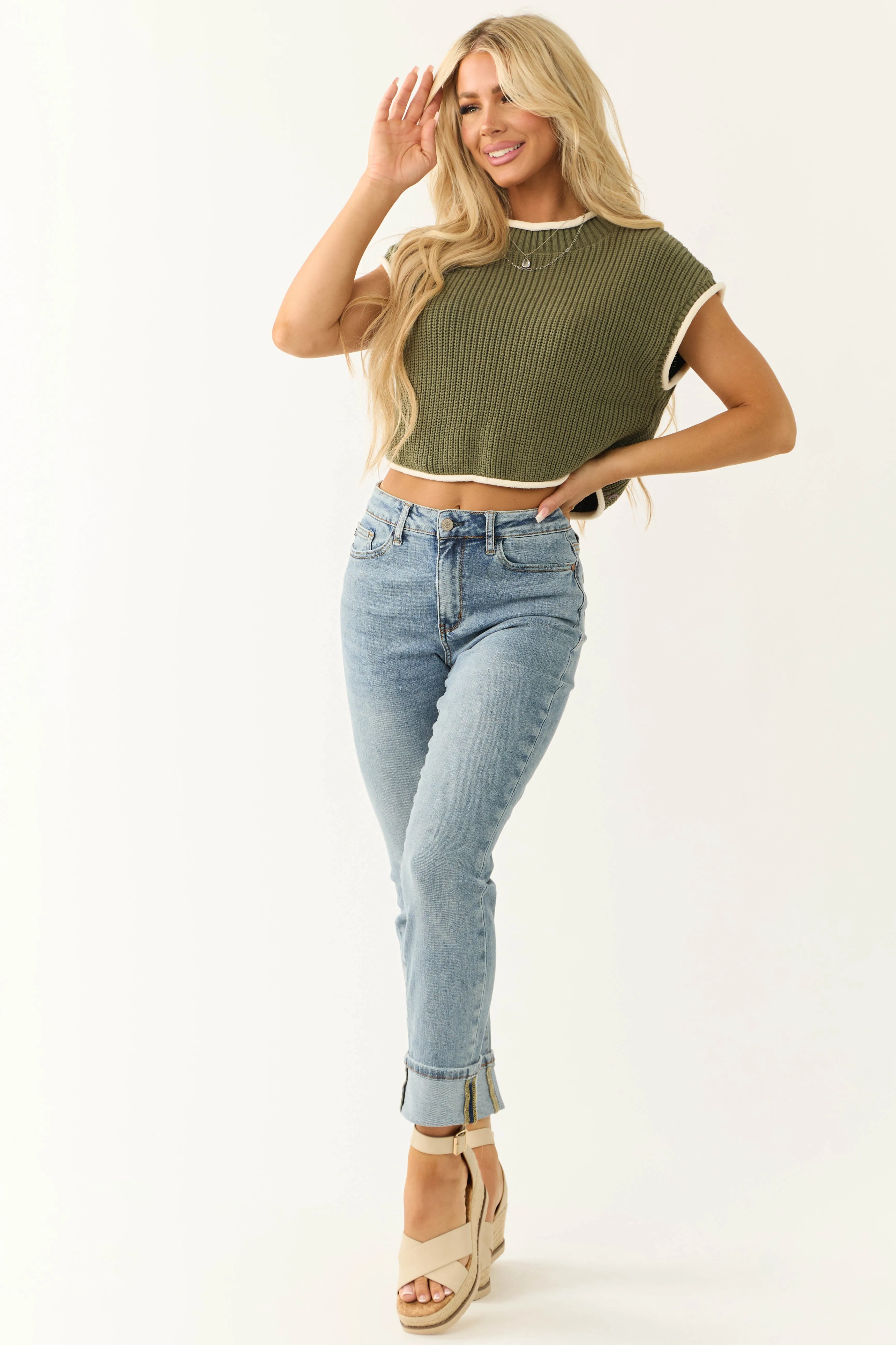 Army Green Knit Contrast Trim Top sold by Lime Lush product image thumbnail 4