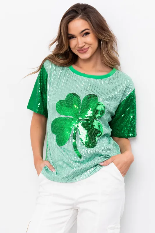 Mint Sequined Clover Graphic Half Sleeve Top made by BiBi