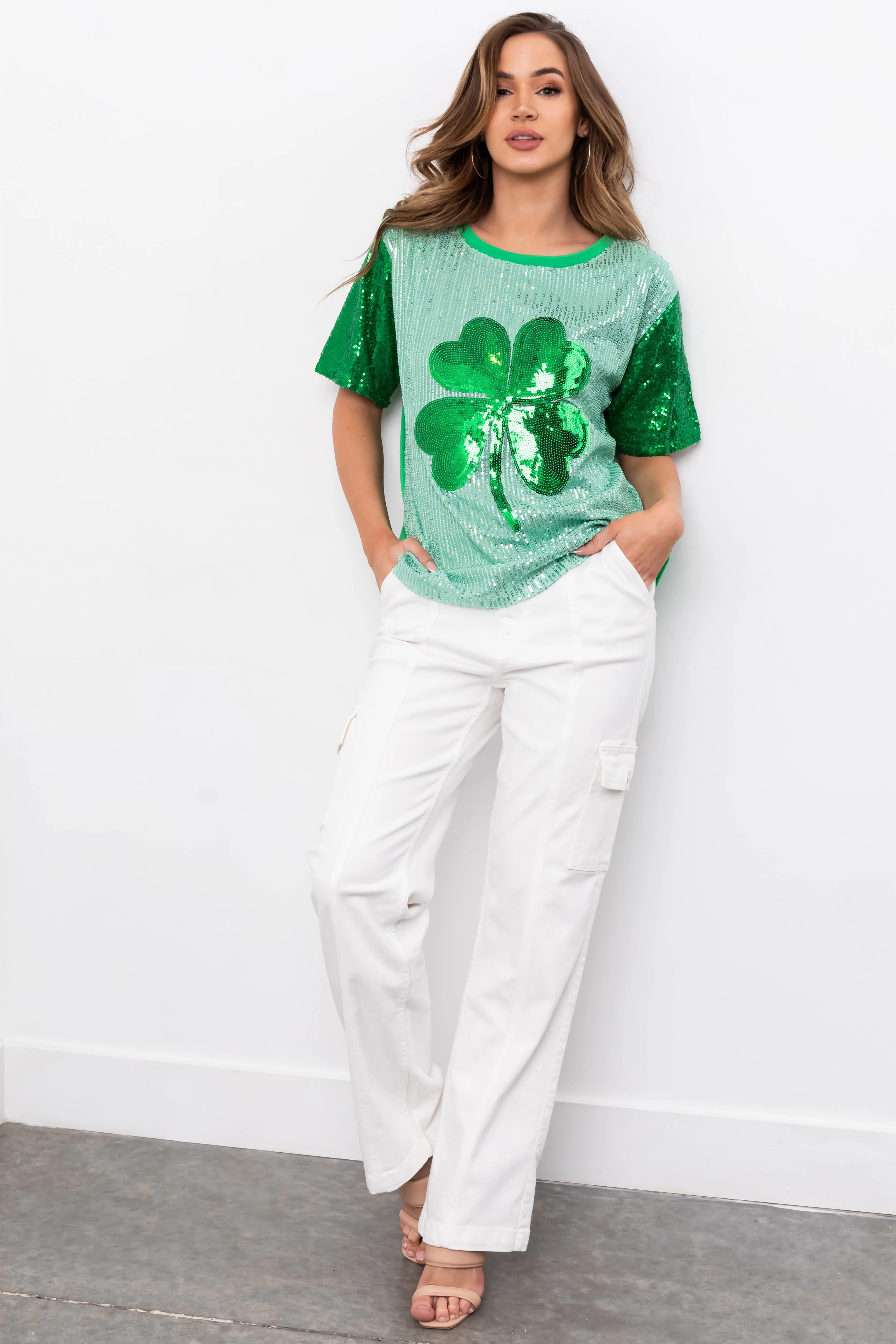 Mint Sequined Clover Graphic Half Sleeve Top sold by Lime Lush product image thumbnail 2