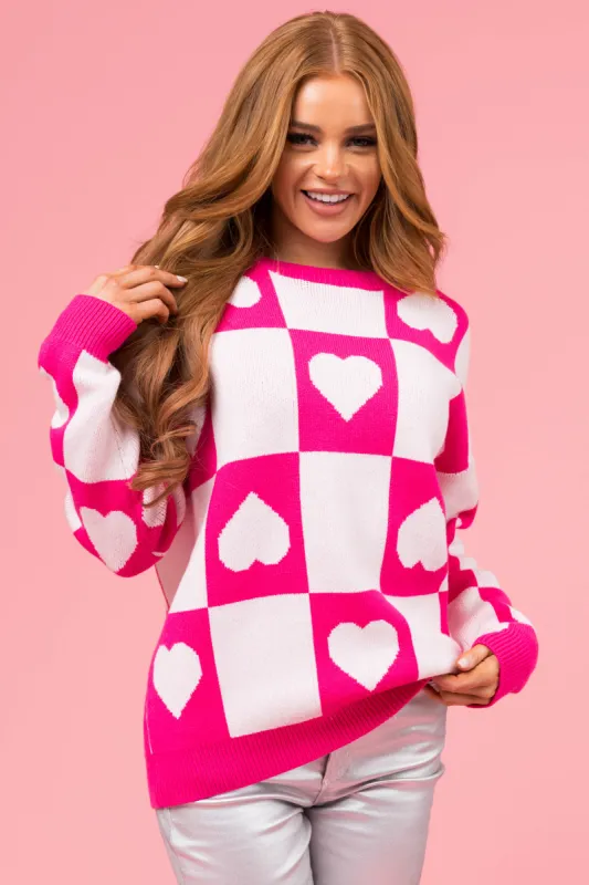 Magenta Checkered Heart Print Sweater sold by Lime Lush