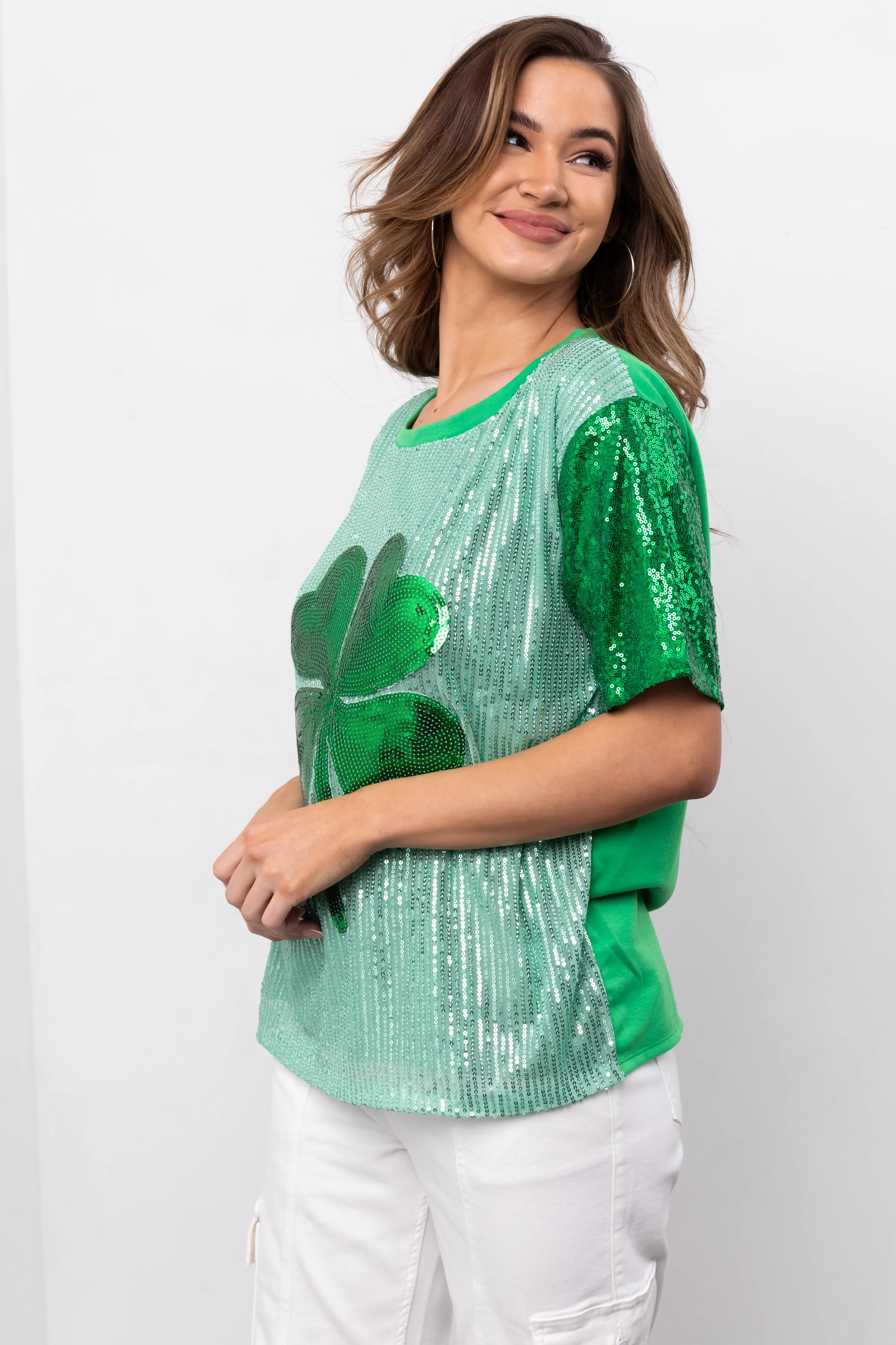 Mint Sequined Clover Graphic Half Sleeve Top sold by Lime Lush product image thumbnail 5