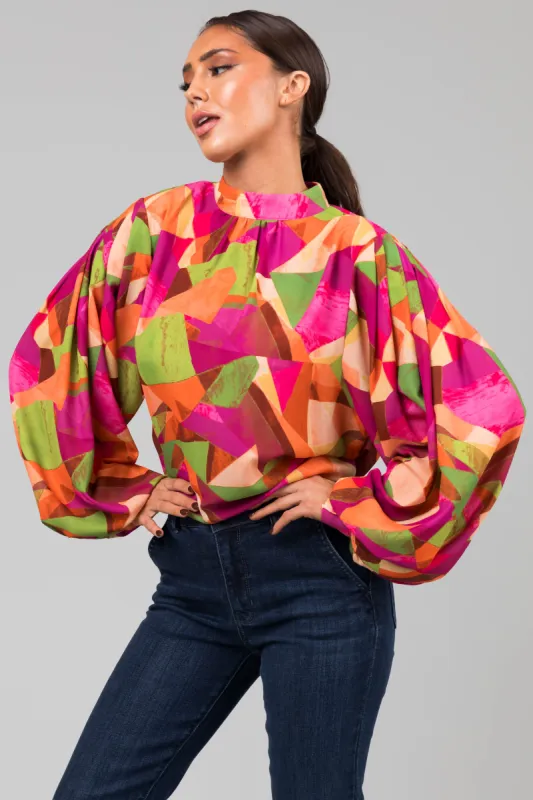 Flying Tomato Fuchsia Multicolor Geometric Blouse sold by Lime Lush