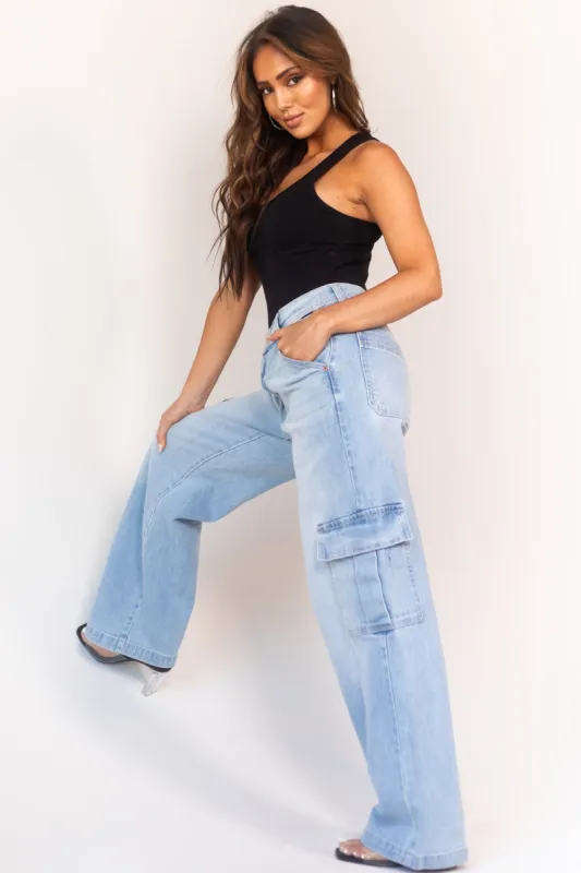 Cello Light Wash Vintage Relaxed Cargo Jeans sold by Lime Lush