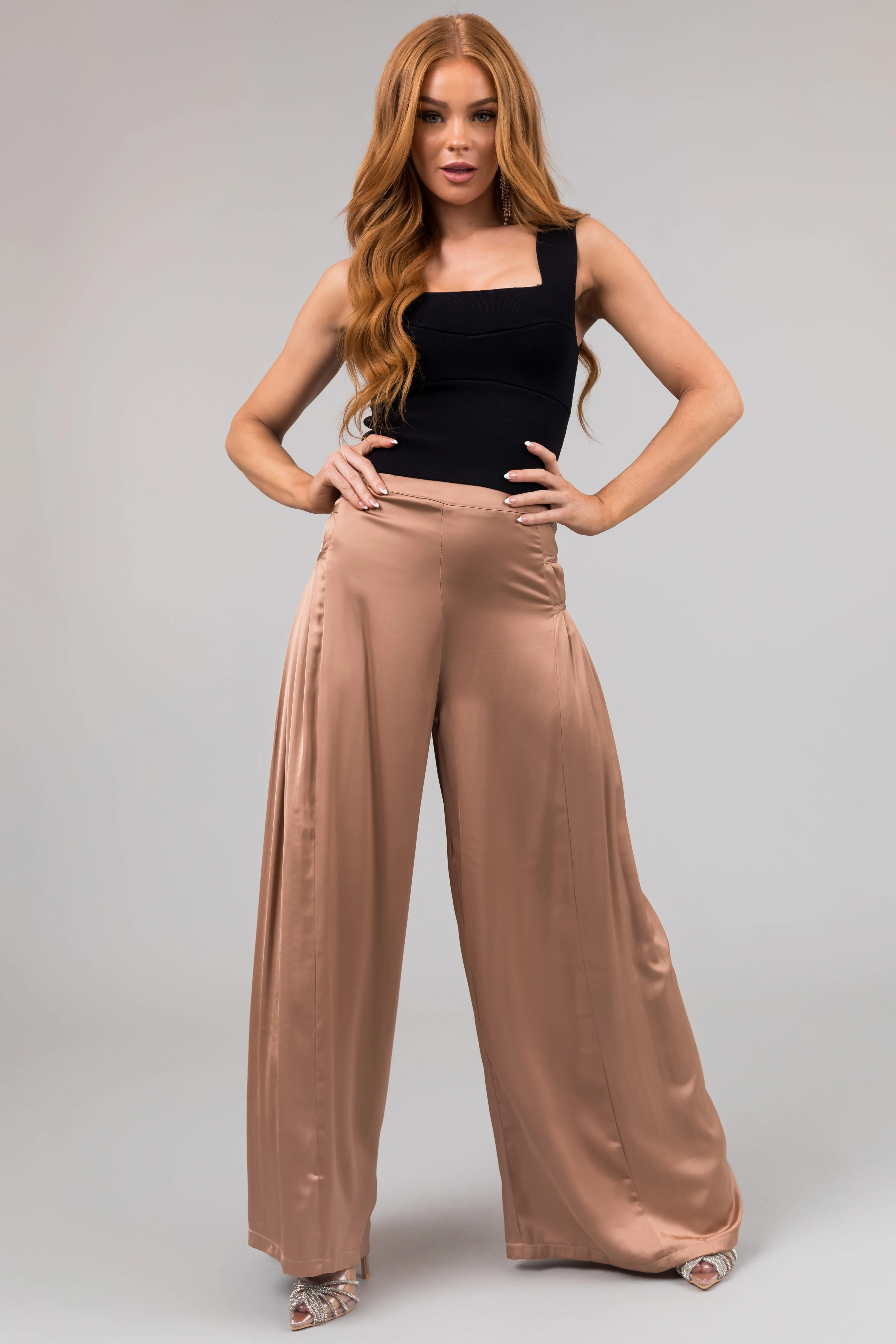 Nude Pleated Sides Wide Leg Satin Pants sold by Lime Lush