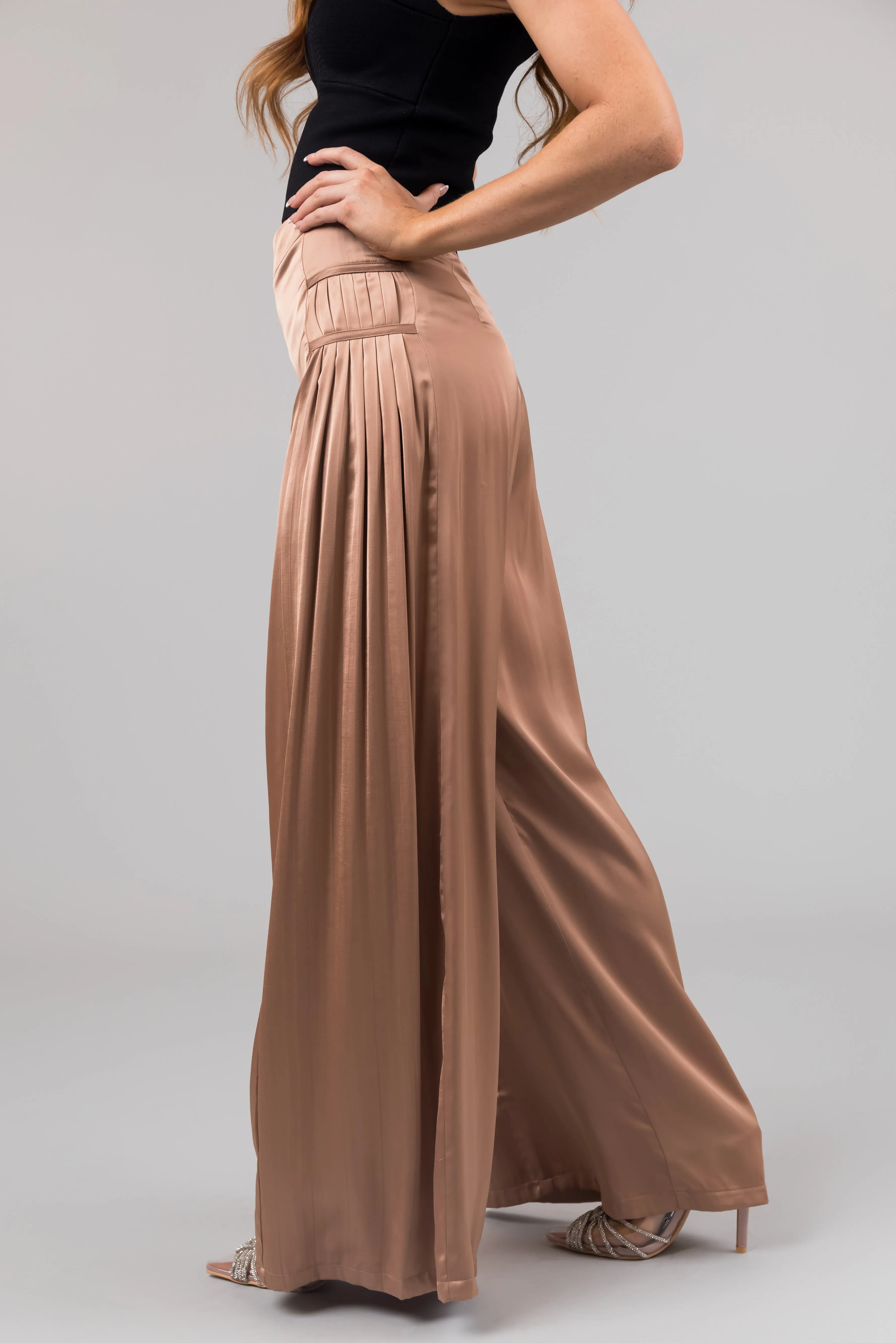 Nude Pleated Sides Wide Leg Satin Pants sold by Lime Lush product image thumbnail 3