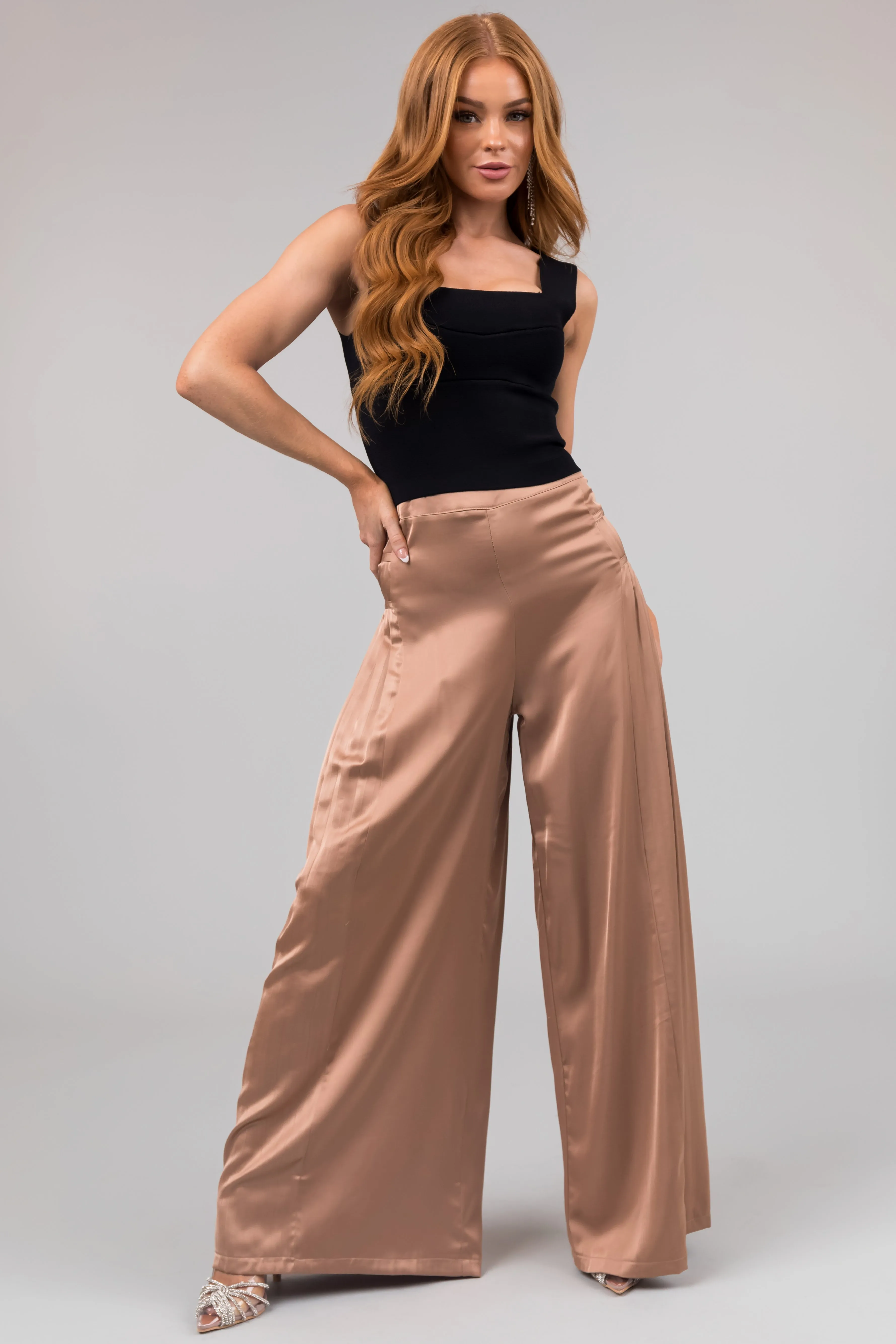 Nude Pleated Sides Wide Leg Satin Pants sold by Lime Lush product image thumbnail 5