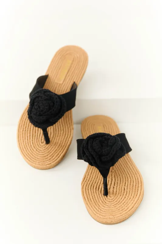 Black Open Toed Crochet Flower Woven Sandals sold by Lime Lush