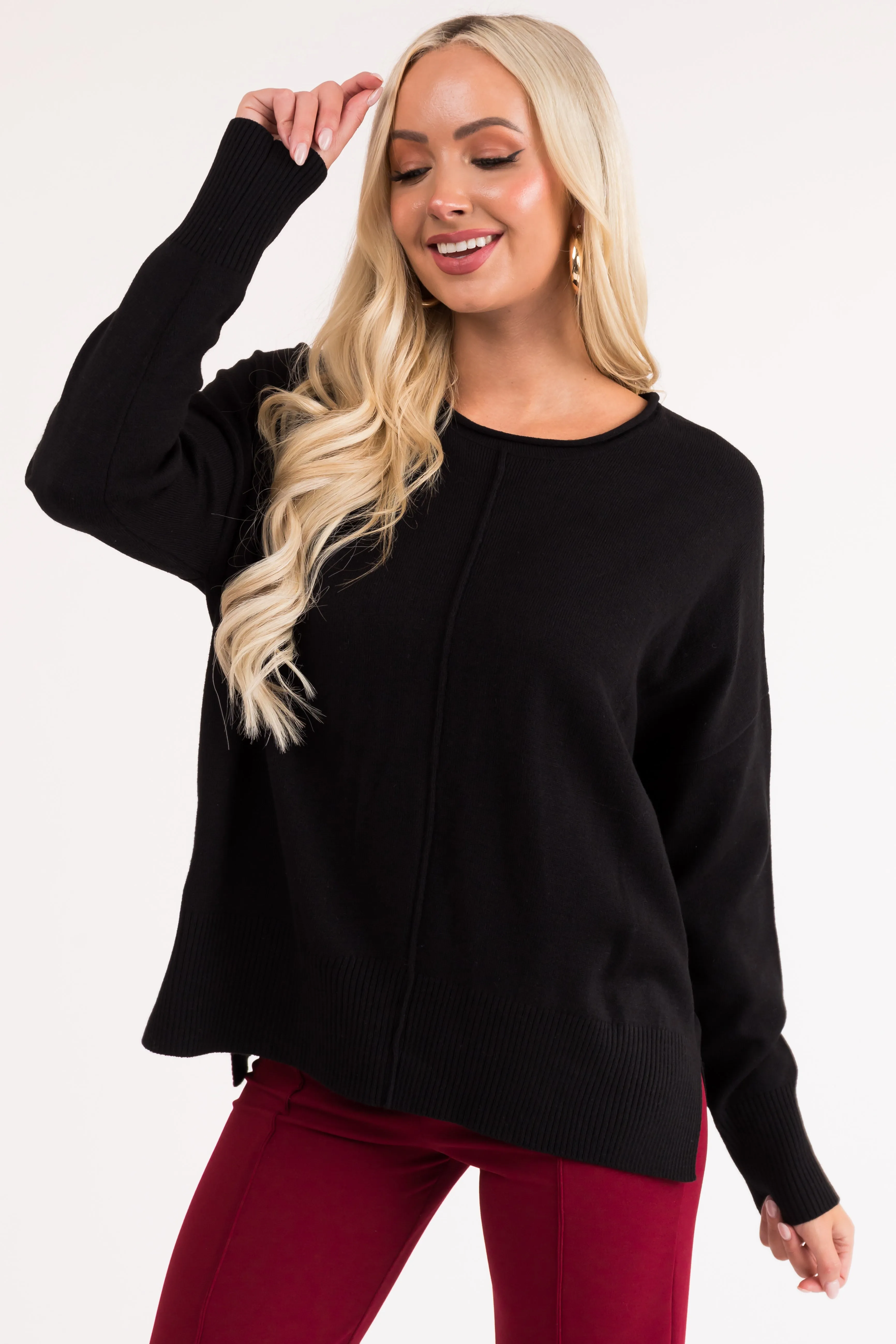 Black Long Sleeve Front Seam Knit Sweater sold by Lime Lush