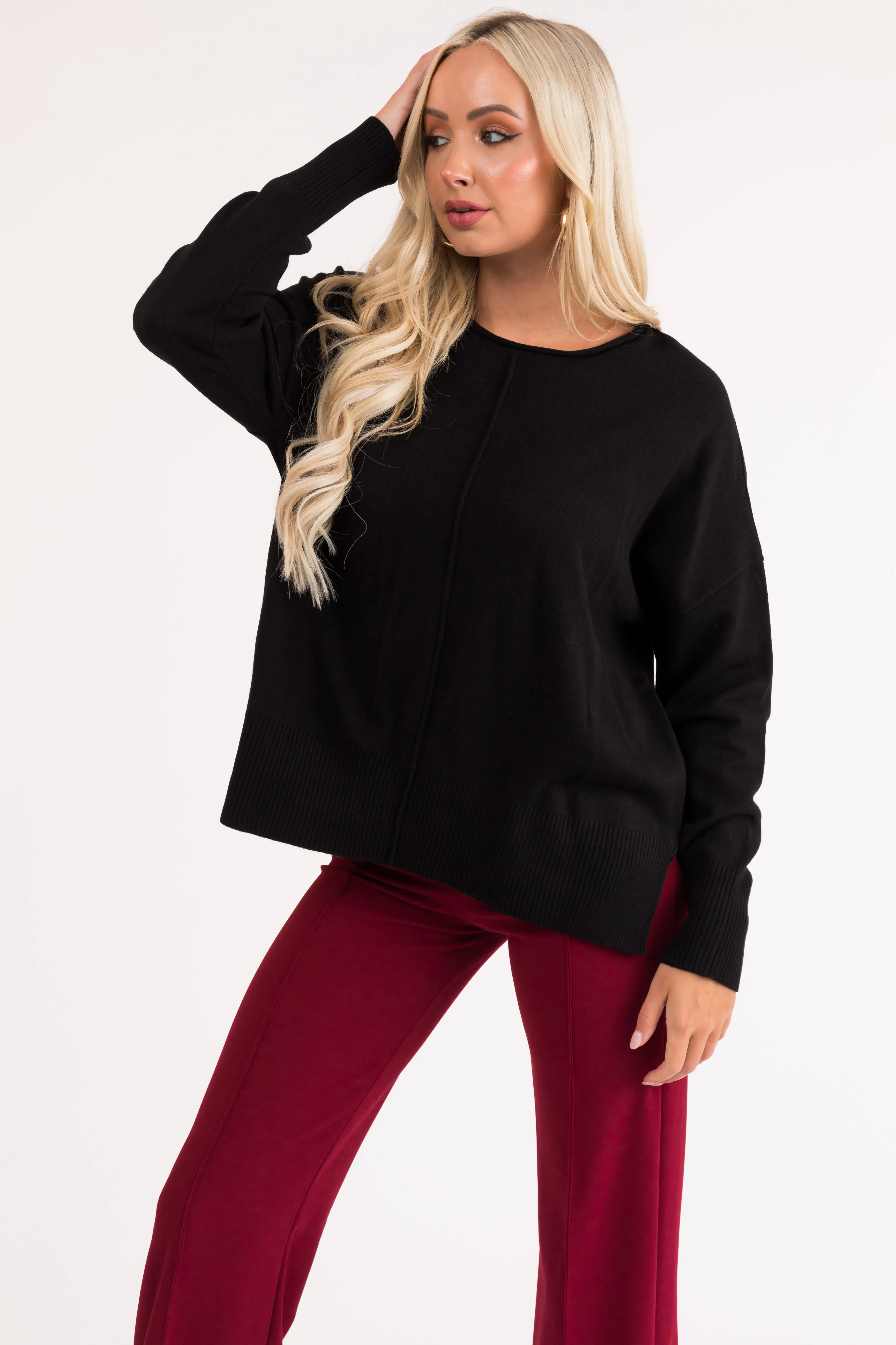 Black Long Sleeve Front Seam Knit Sweater sold by Lime Lush product image thumbnail 2