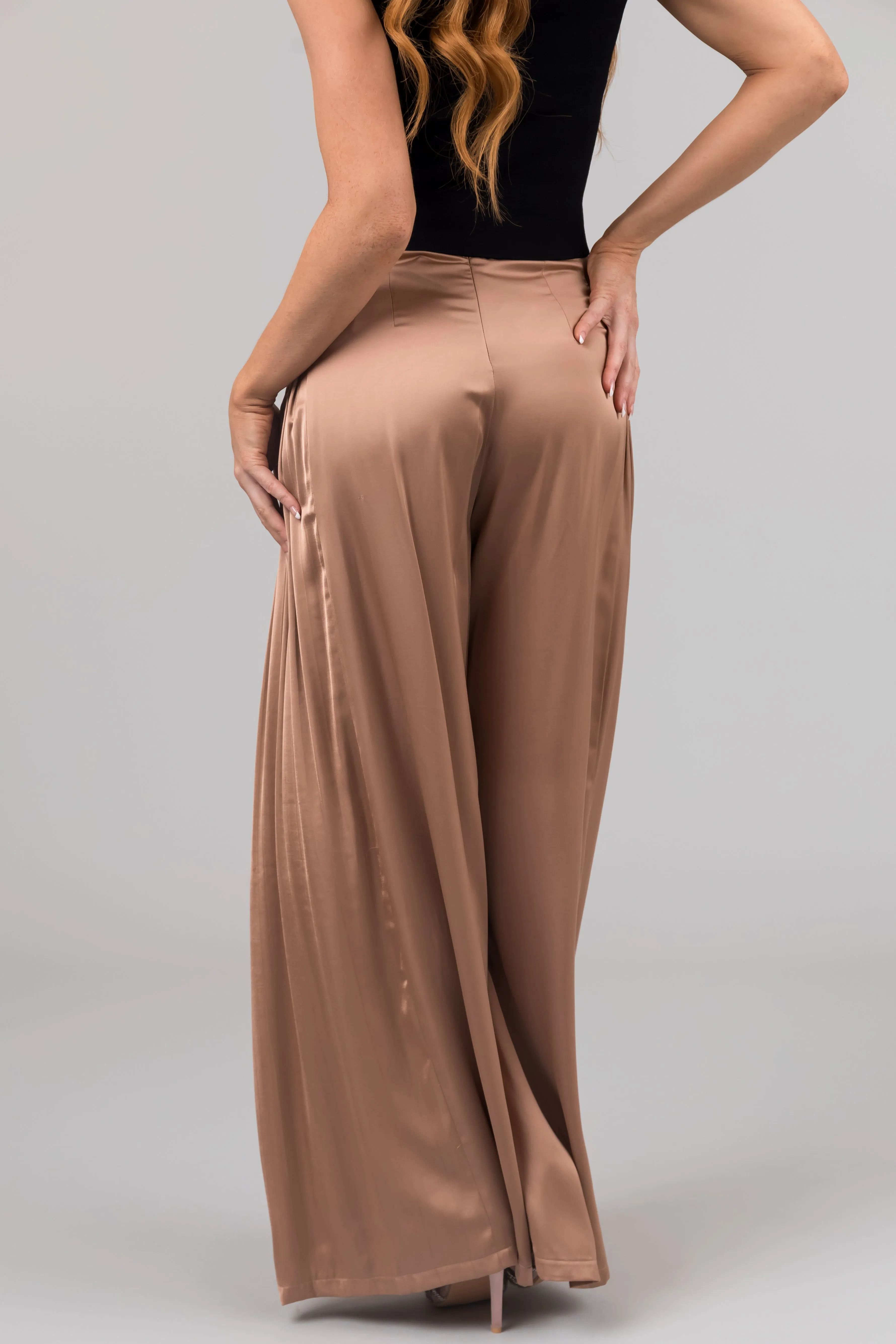 Nude Pleated Sides Wide Leg Satin Pants sold by Lime Lush product image thumbnail 4