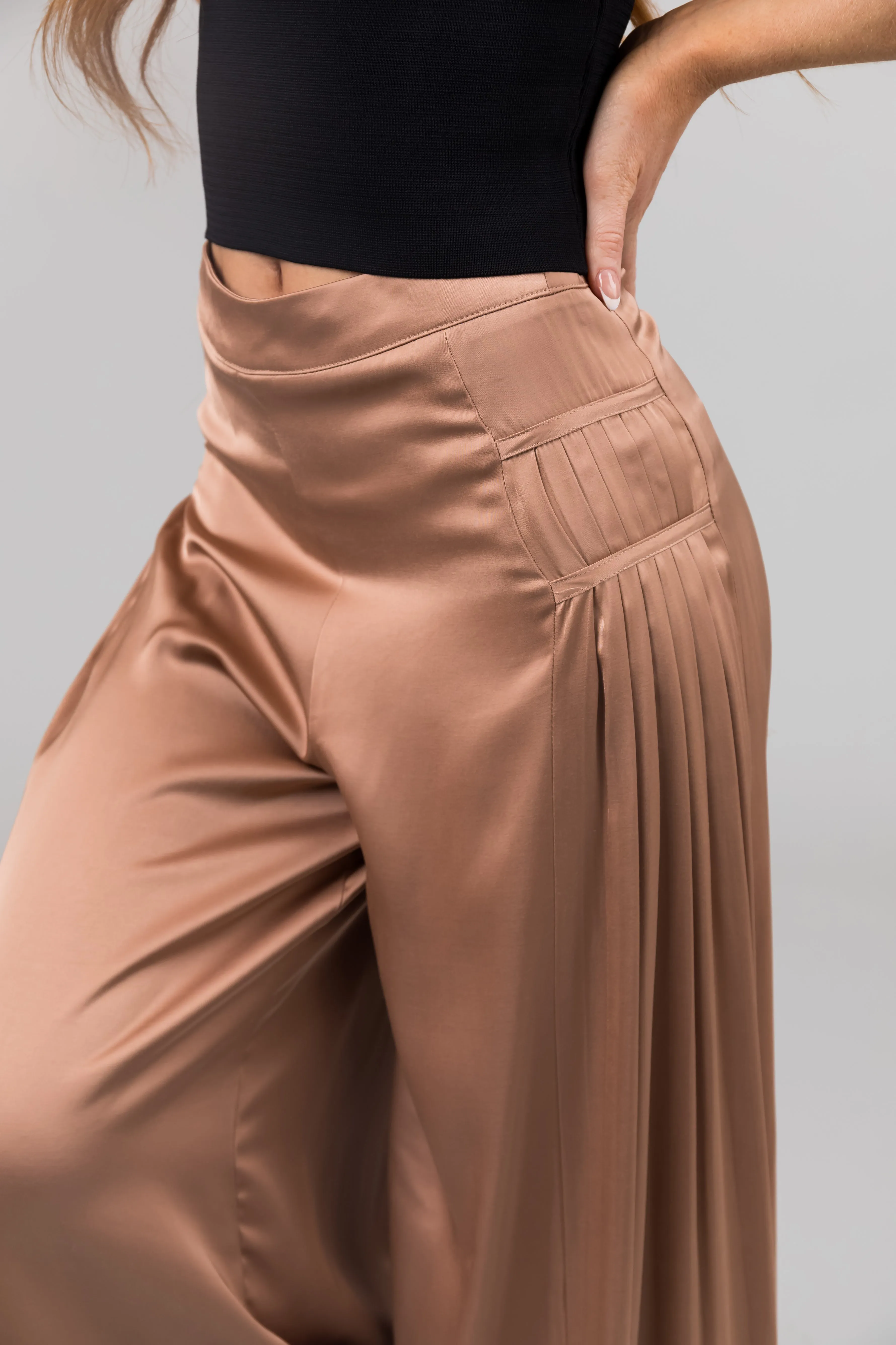 Nude Pleated Sides Wide Leg Satin Pants sold by Lime Lush product image thumbnail 2