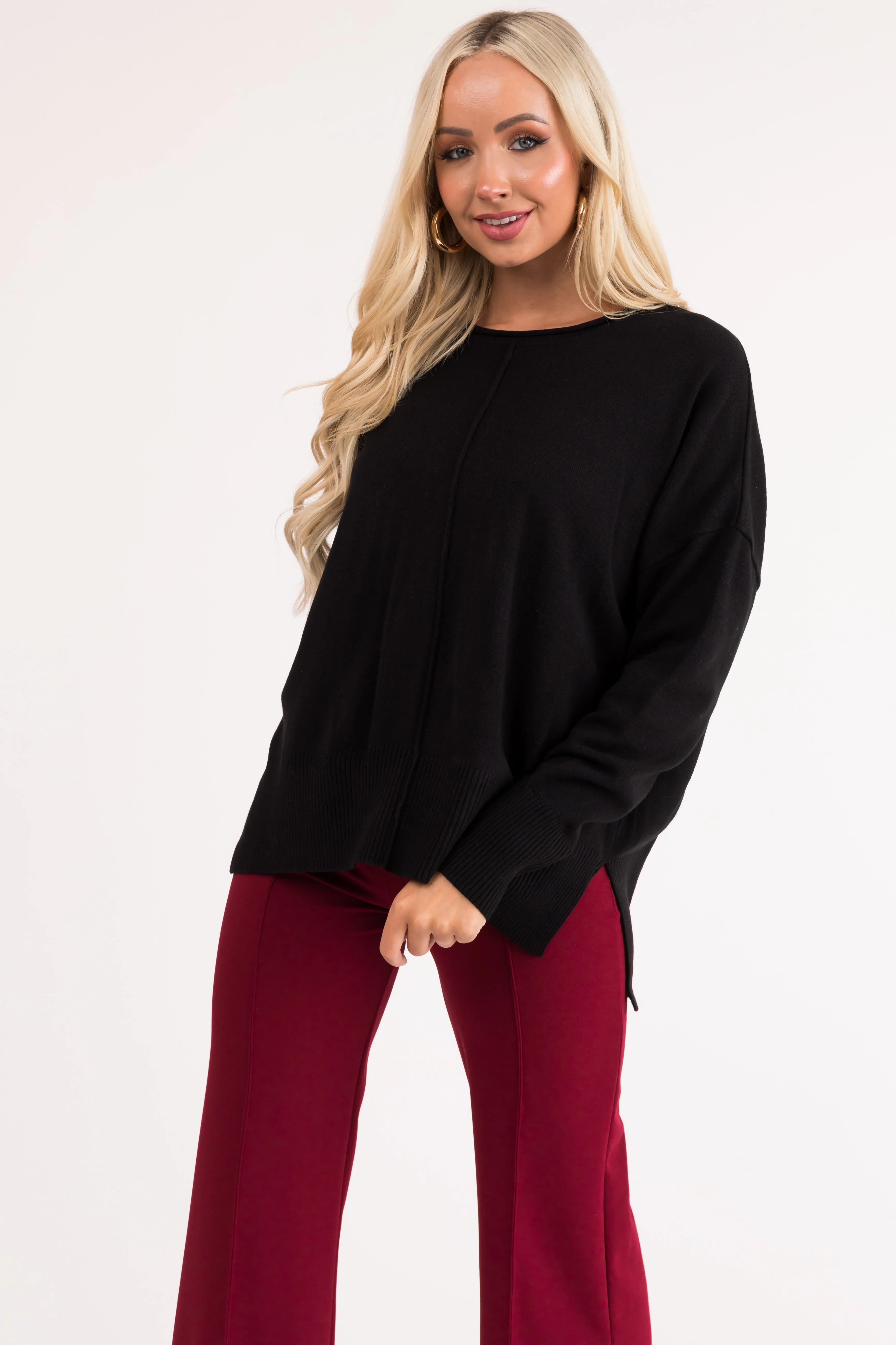 Black Long Sleeve Front Seam Knit Sweater sold by Lime Lush product image thumbnail 3