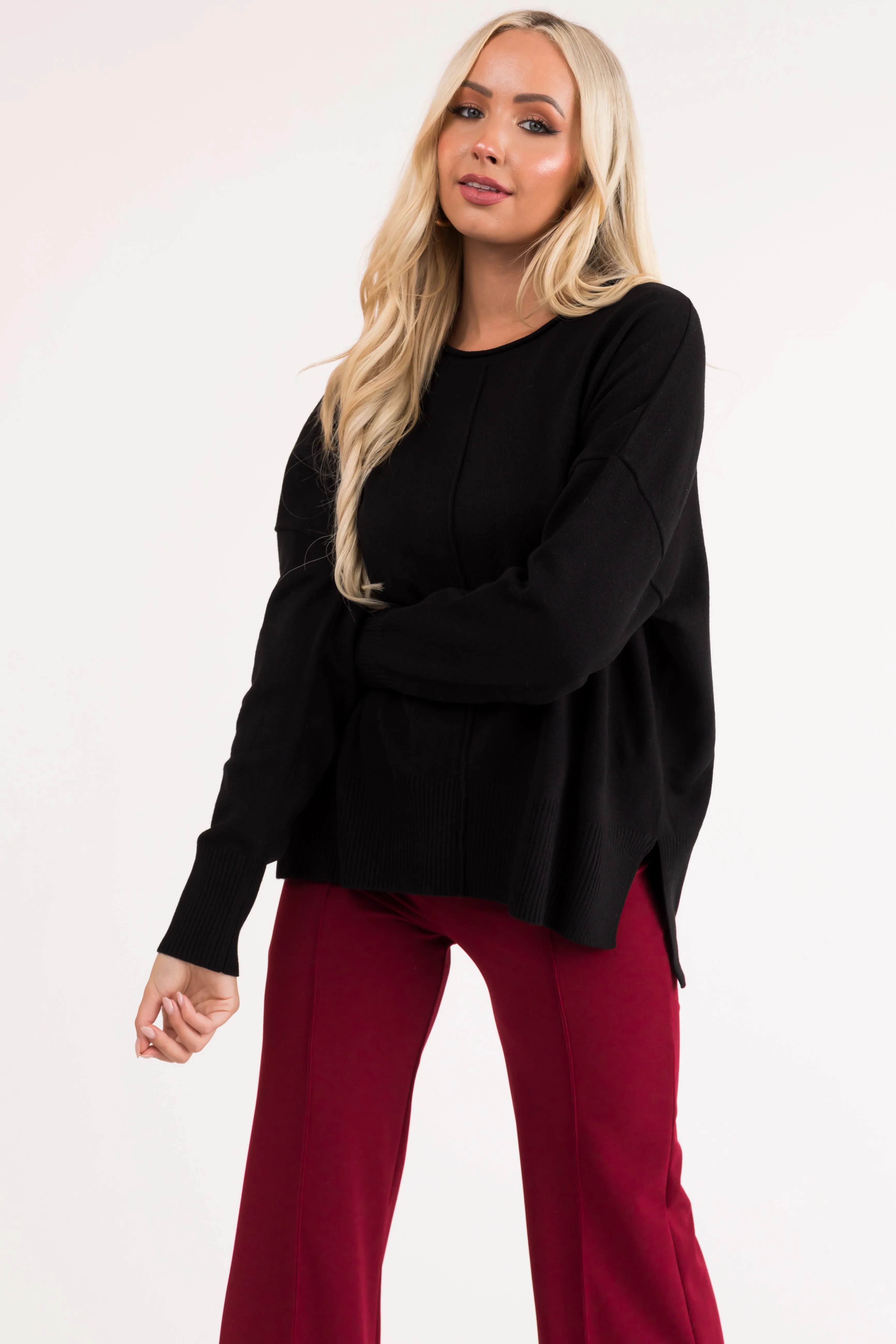Black Long Sleeve Front Seam Knit Sweater sold by Lime Lush product image thumbnail 4